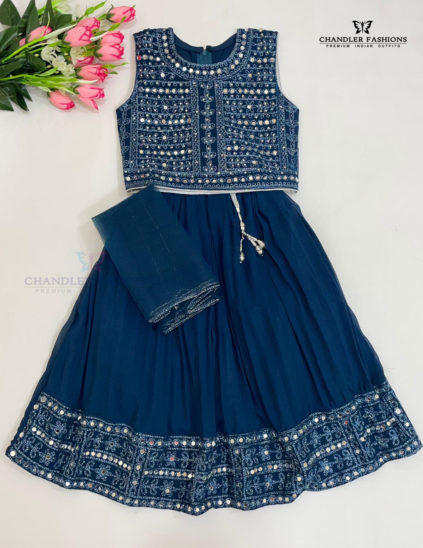 Alluring Teal Blue Color Georgette With Embroidery And Mirror Work Girls Choli Sets