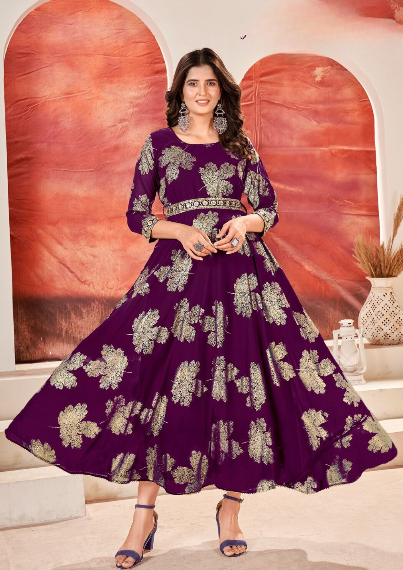 Attractive Purple Color Faux Georgette Foil Gold Print With Sequins Embroidery Kurti