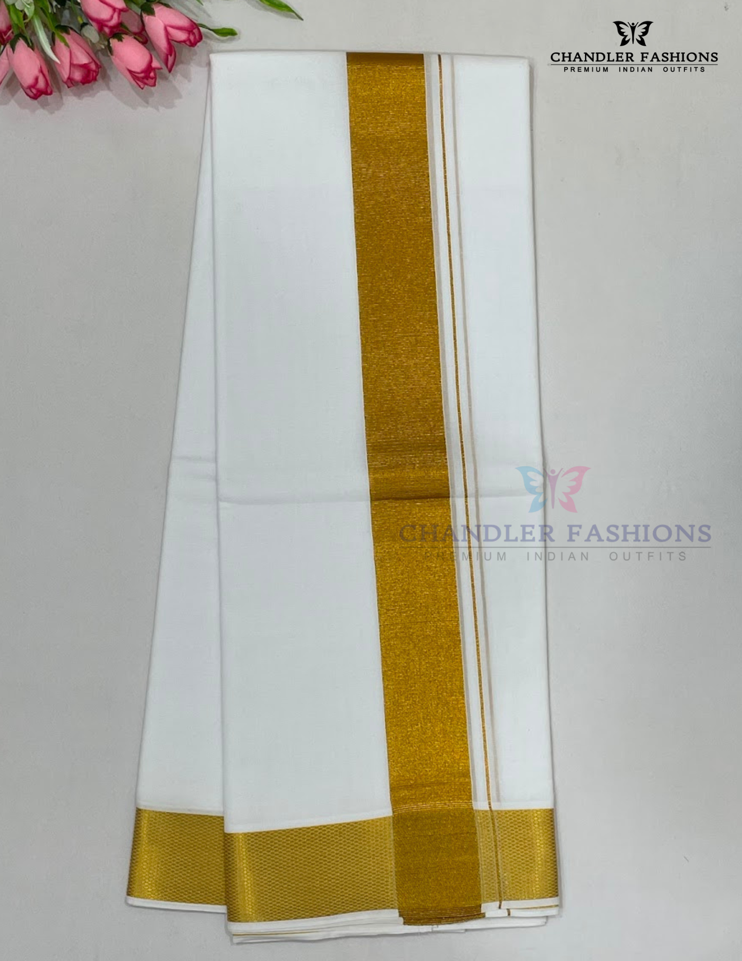 Wonderful Premium White Color Dhoti With Dark Gold Zari Border For Men Near Me
