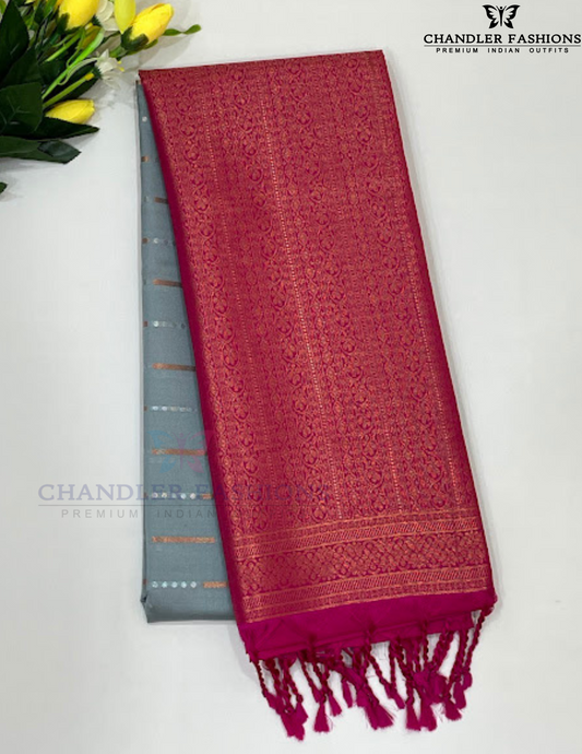 Elegant Gray Color Soft Silk Saree With Contrast Rich Pallu For Women