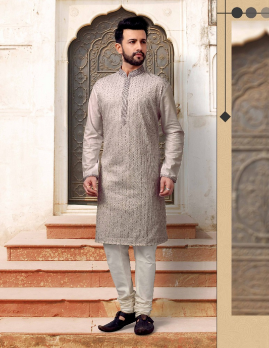Graceful Gray Color Slub Silk Thread Embroidery Work Men's Kurta With Pajama Set