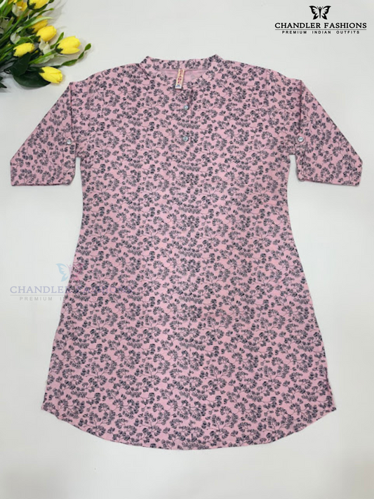 Exquisite Light Pink Cotton Kurti With Printed Work For Women