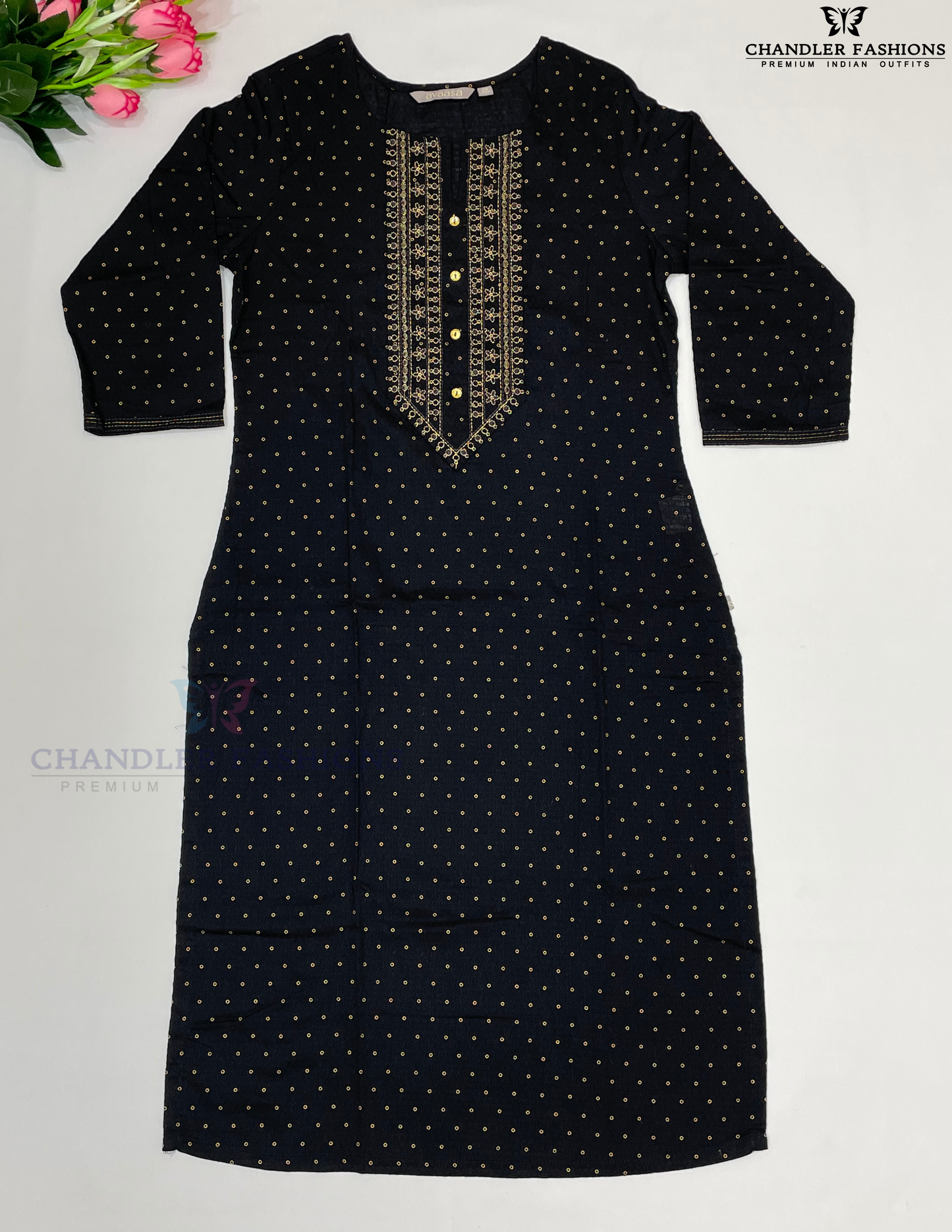 Pretty Black Color Embroidery And Printed Design Kurti For Women