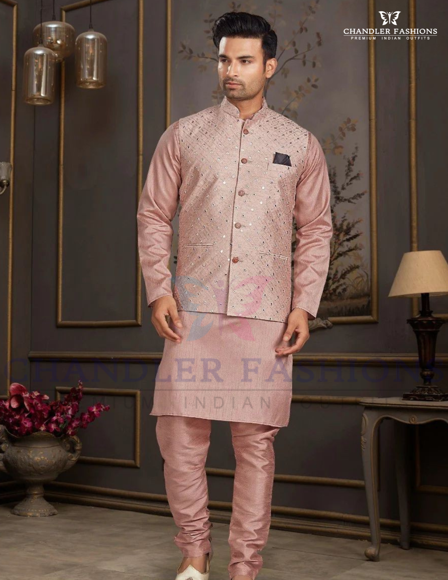 Pretty Peach Color Silk Mastani Kurta Mirror Work With Silk Pajama And Jacket Set For Men