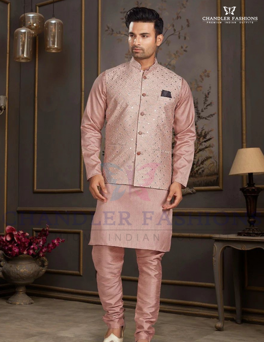 Pretty Peach Color Silk Mastani Kurta Mirror Work With Silk Pajama And Jacket Set For Men