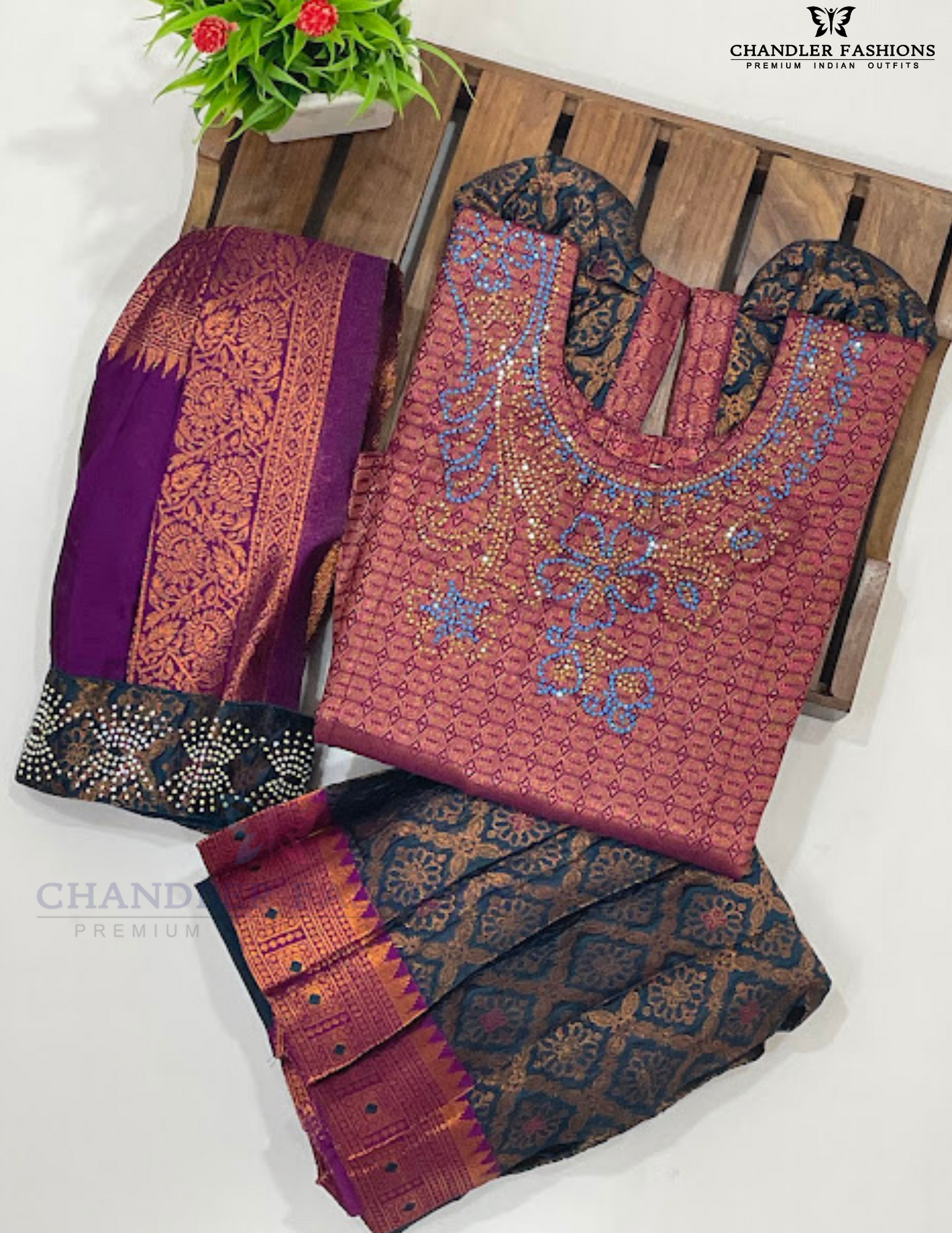 Dark Purple And Green Color Silk Langa Sets With Belt In USA