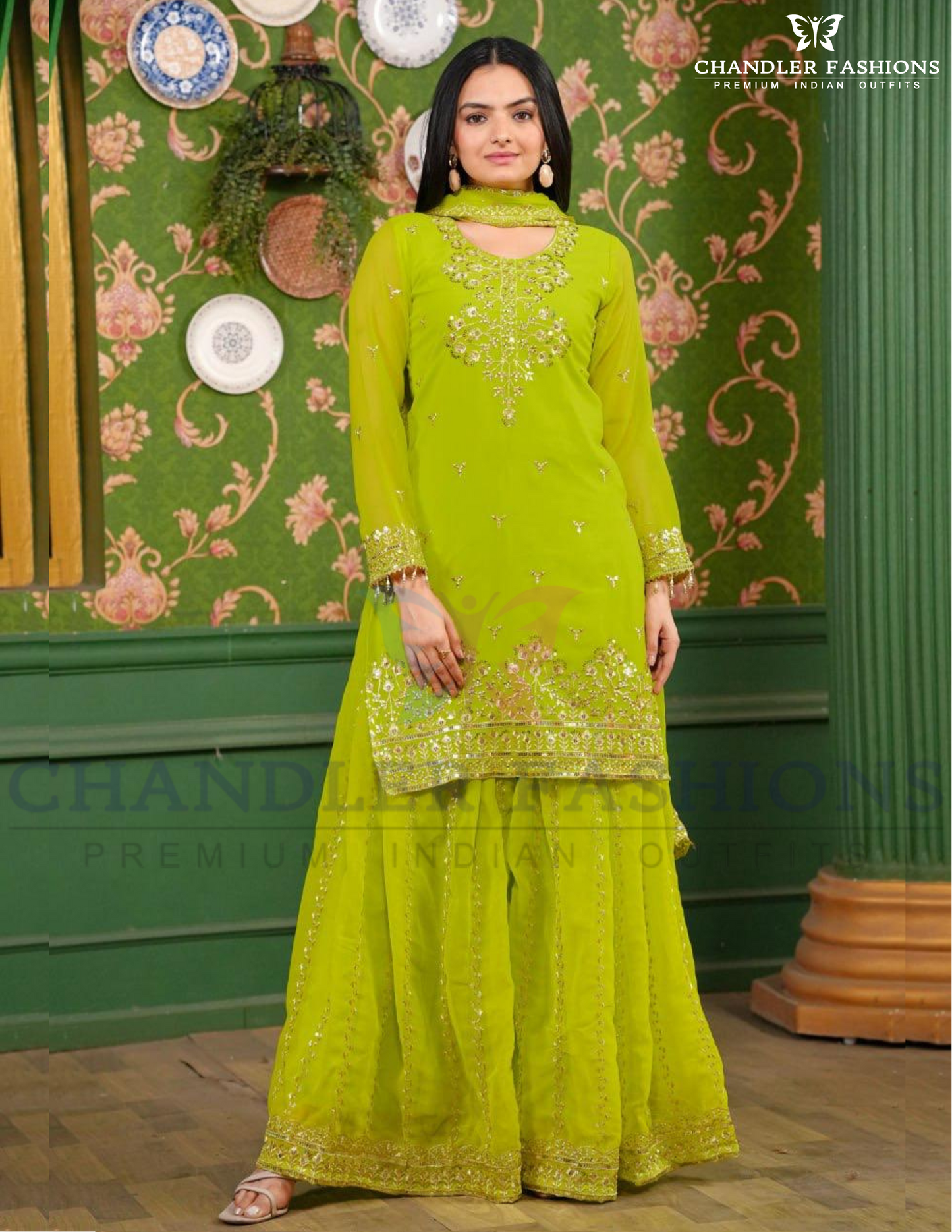 Alluring Lime Green Color Georgette Embroidery And Sequins Work With Palazoo Suits With Dupatta