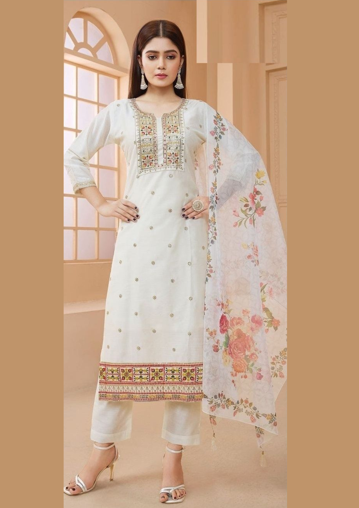 Charming White Colored Chanderi Silk with Floral Design Salwar Suits Charming White Colored Chanderi Silk with Floral Design Salwar Suits