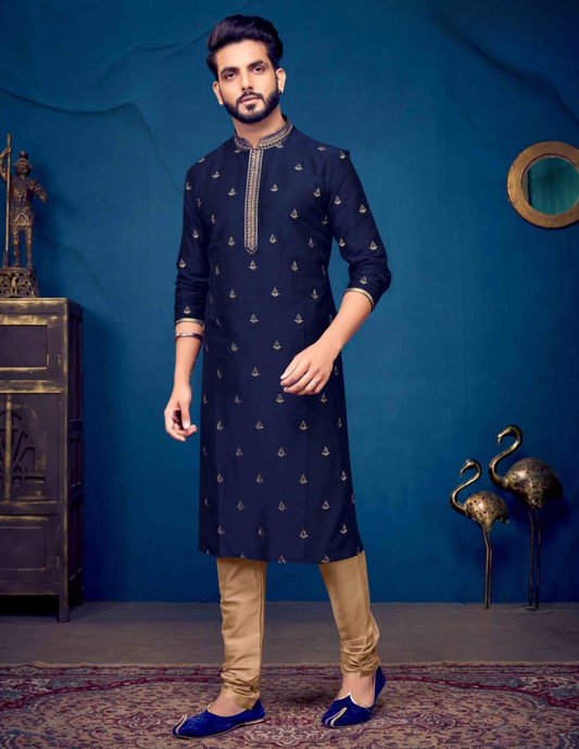 Attractive Blue Color Slub Silk Embroidery Work Kurta Pajama Set For Men