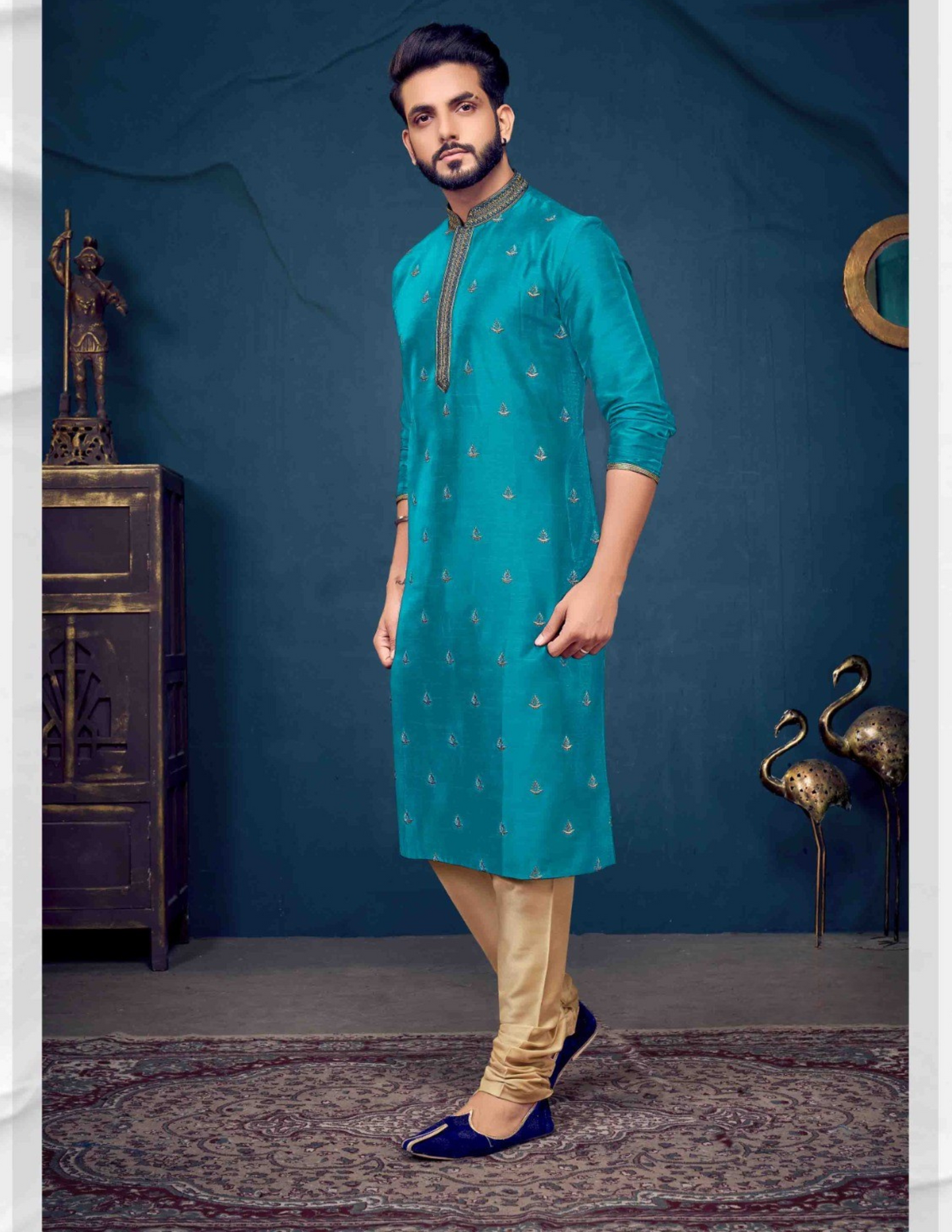Beautiful Teal Blue Color Slub Silk Embroidery Work Kurta Pajama Set For Men