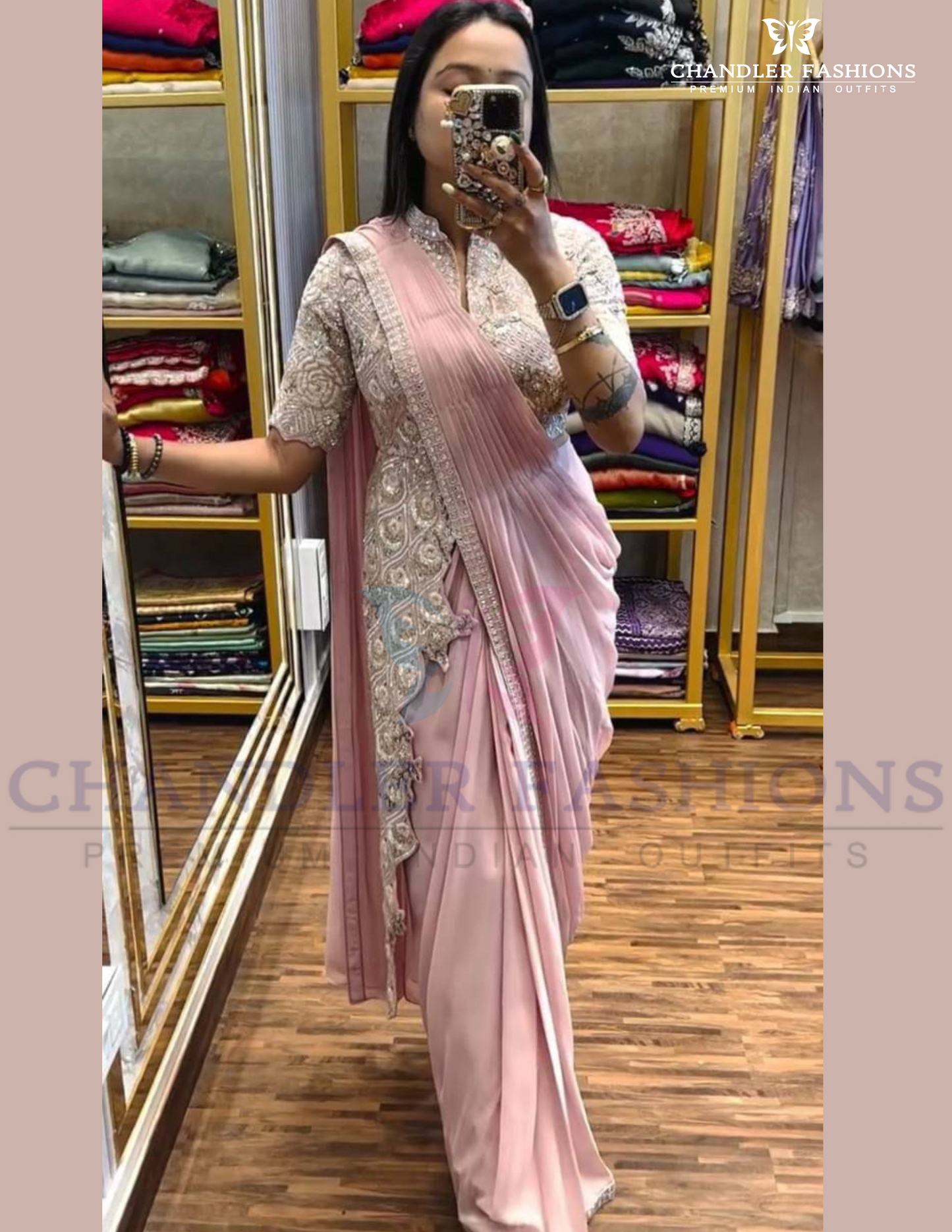Stunning Light Pink Color Ready To Wear Chinon Embroidery Saree For Women