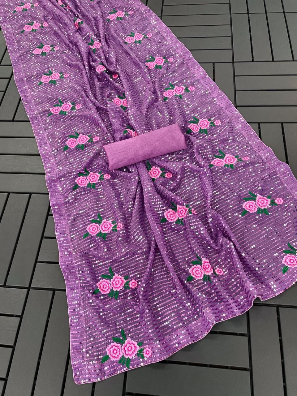 Charming Lavender Color Georgette And Sequins With Thread Work Saree For Women In Yuma