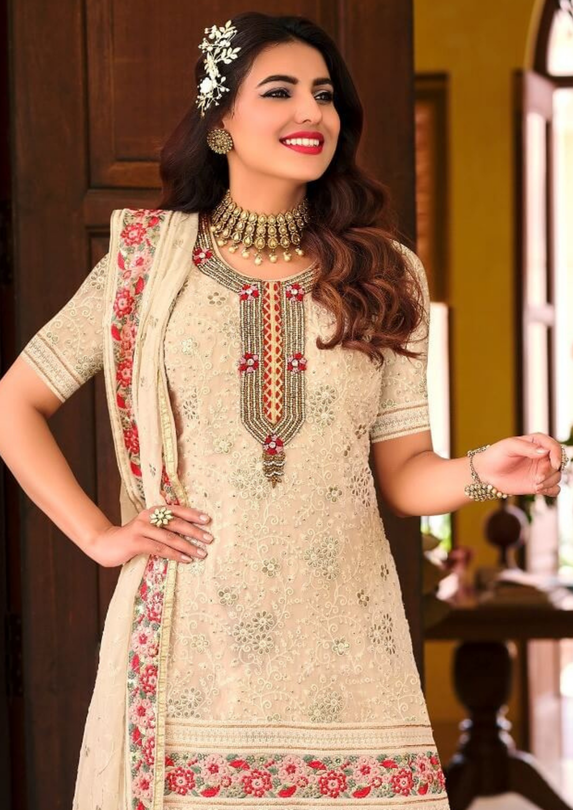 Charming Cream Color Embroidery Work Sharara Suits Near Me