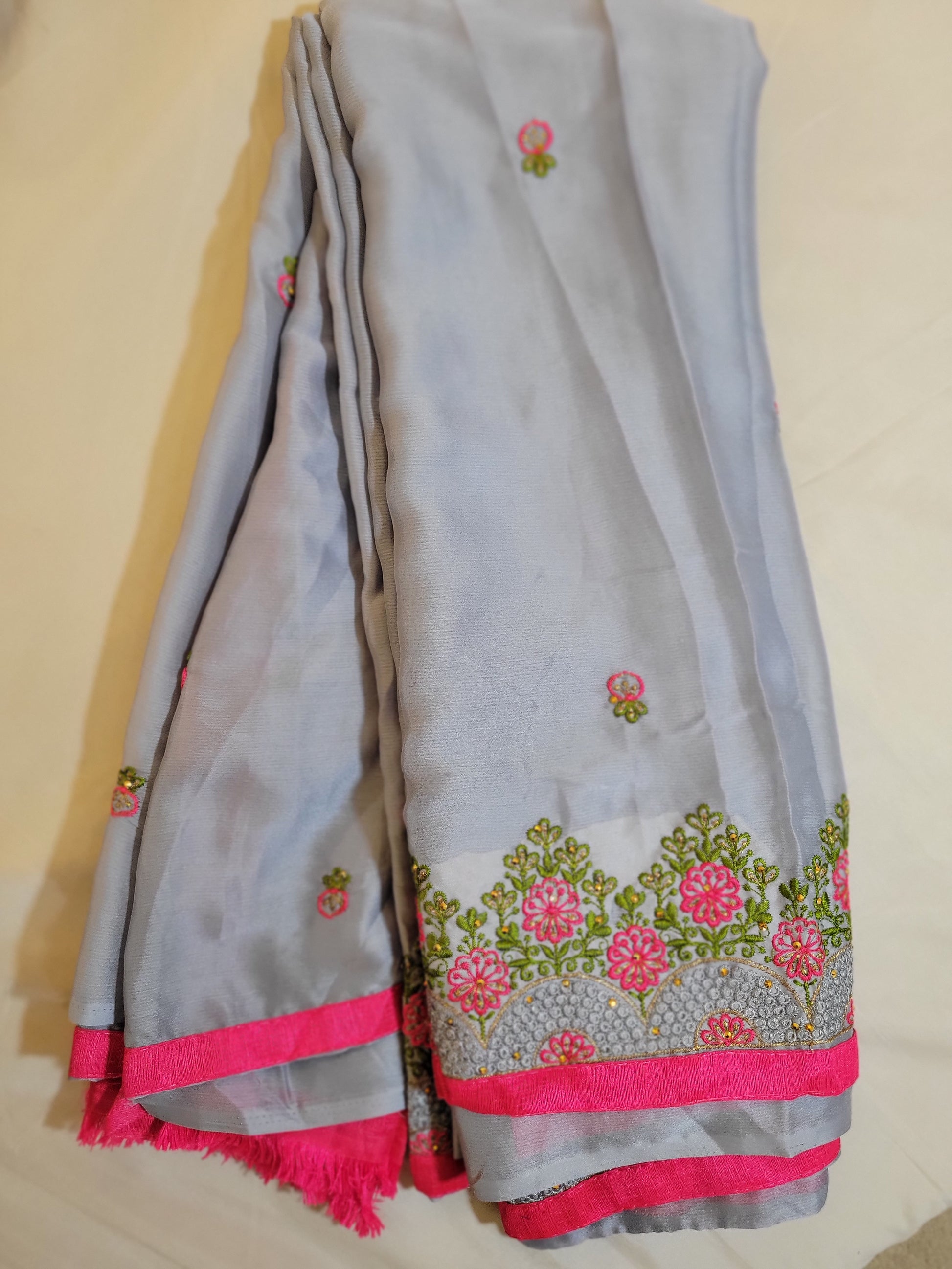 Gray Color Embroidery Georgette Saree With Contrast Pink Lace Border In Chandler
