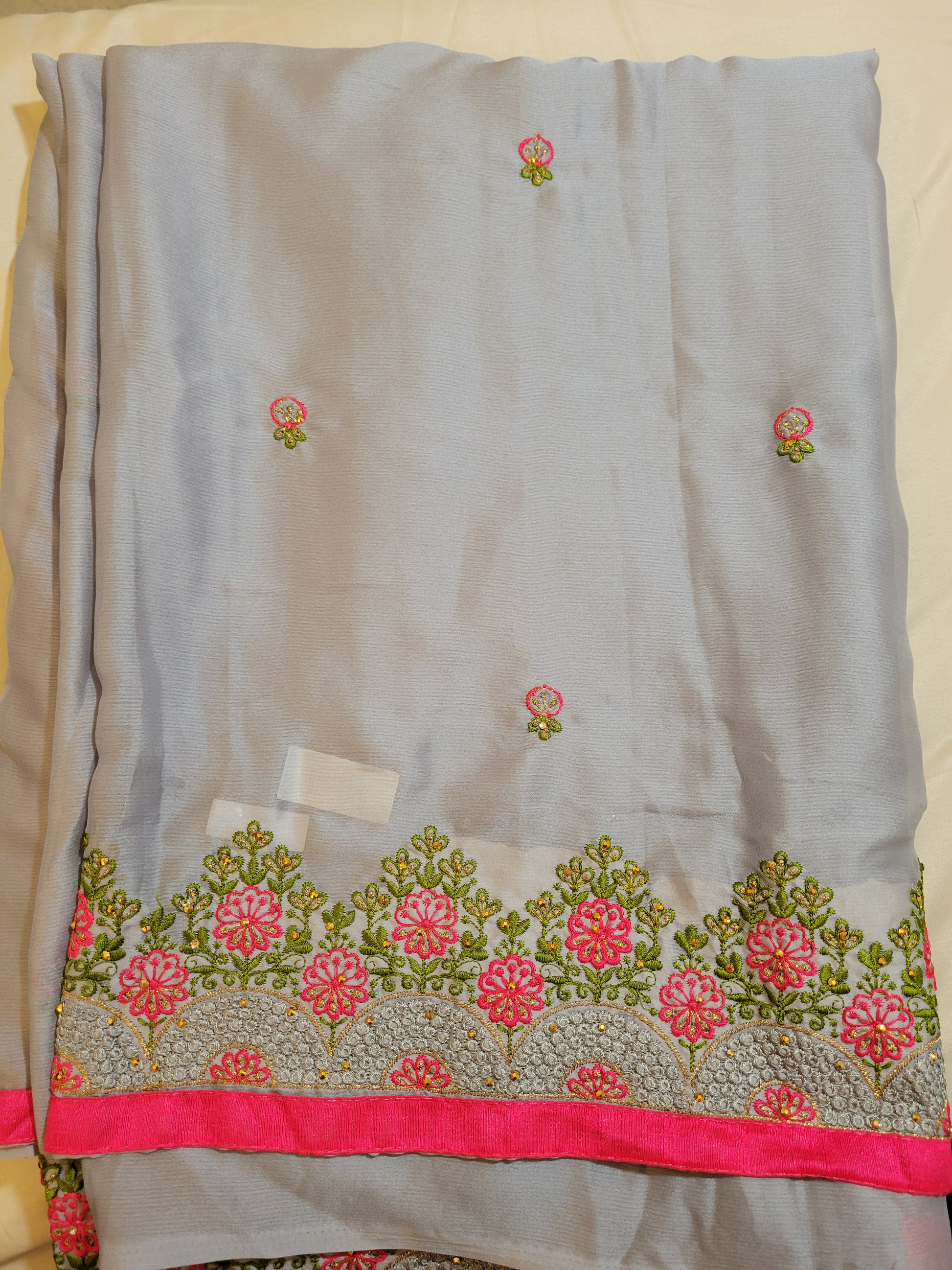 Gray Color Embroidery Georgette Saree With Contrast Pink Lace Border In USA