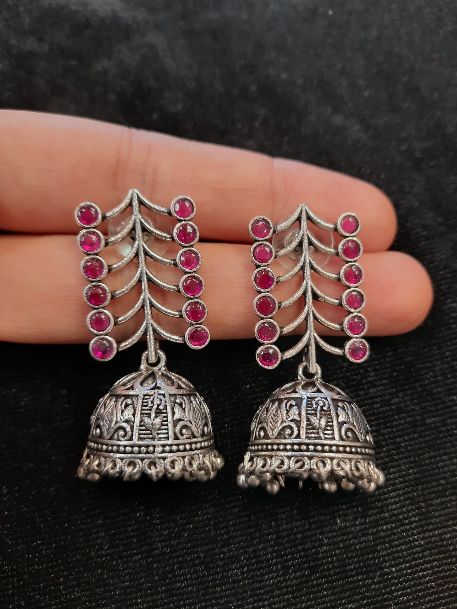 Alluring Pink And Silver Oxidized Earrings In USA