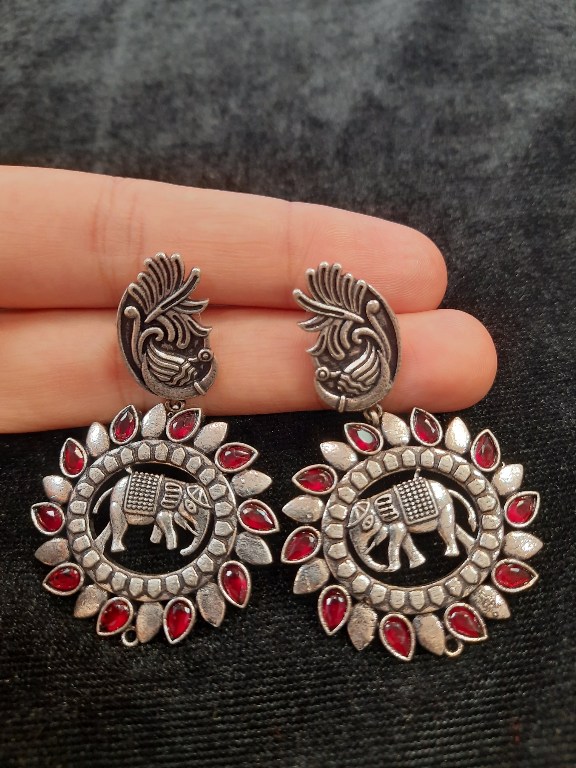 Red And Silver Oxidized Round Earrings In USA