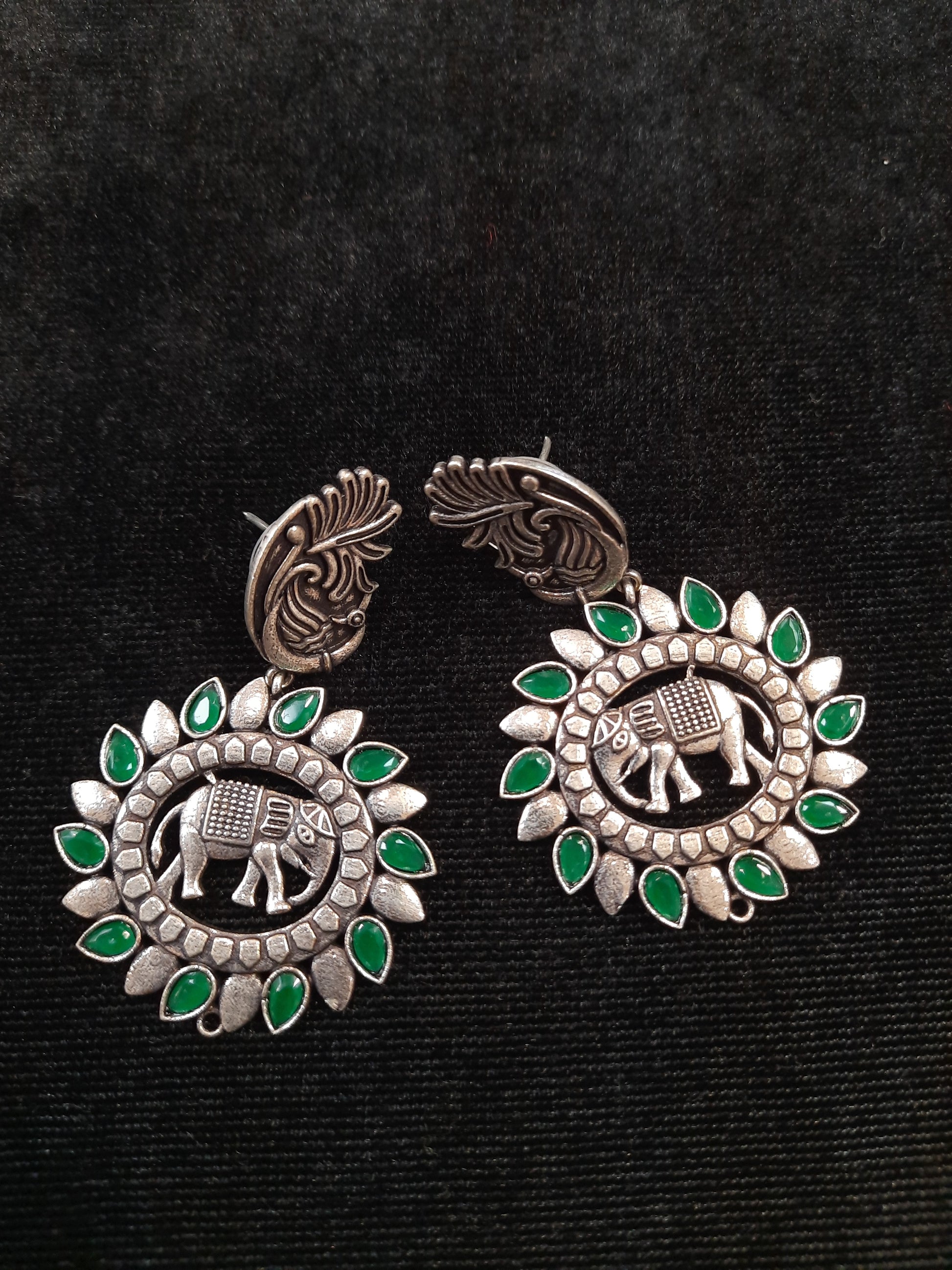 Attractive Green And Silver Oxidized Round Earrings For Women