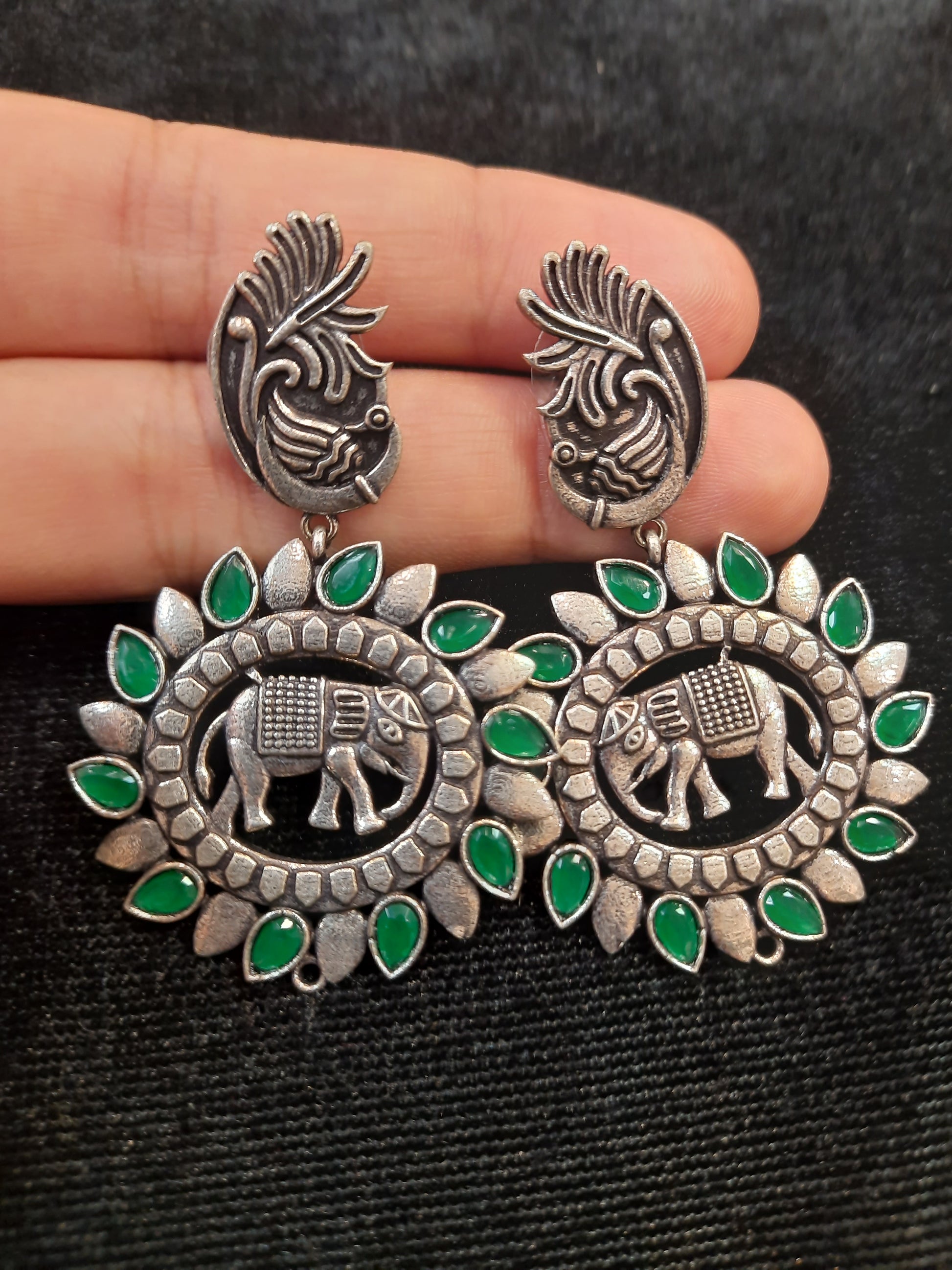 Green And Silver Oxidized Round Earrings In Chandler