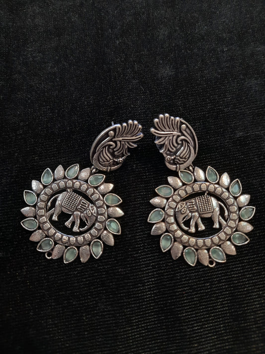 Attractive Light Blue And Silver Oxidized Round Earrings For Women