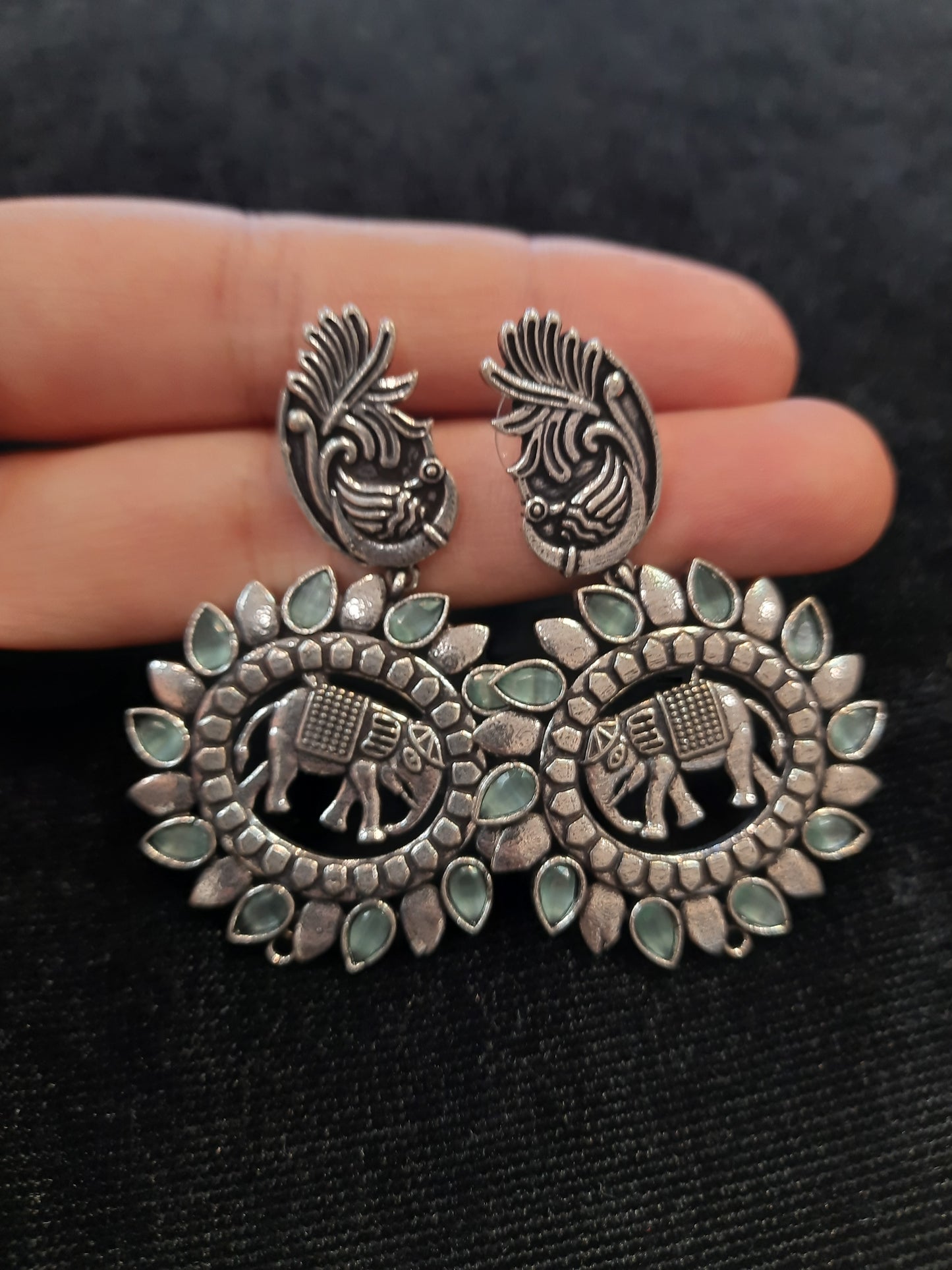 Attractive Light Blue And Silver Oxidized Round Earrings Near Me