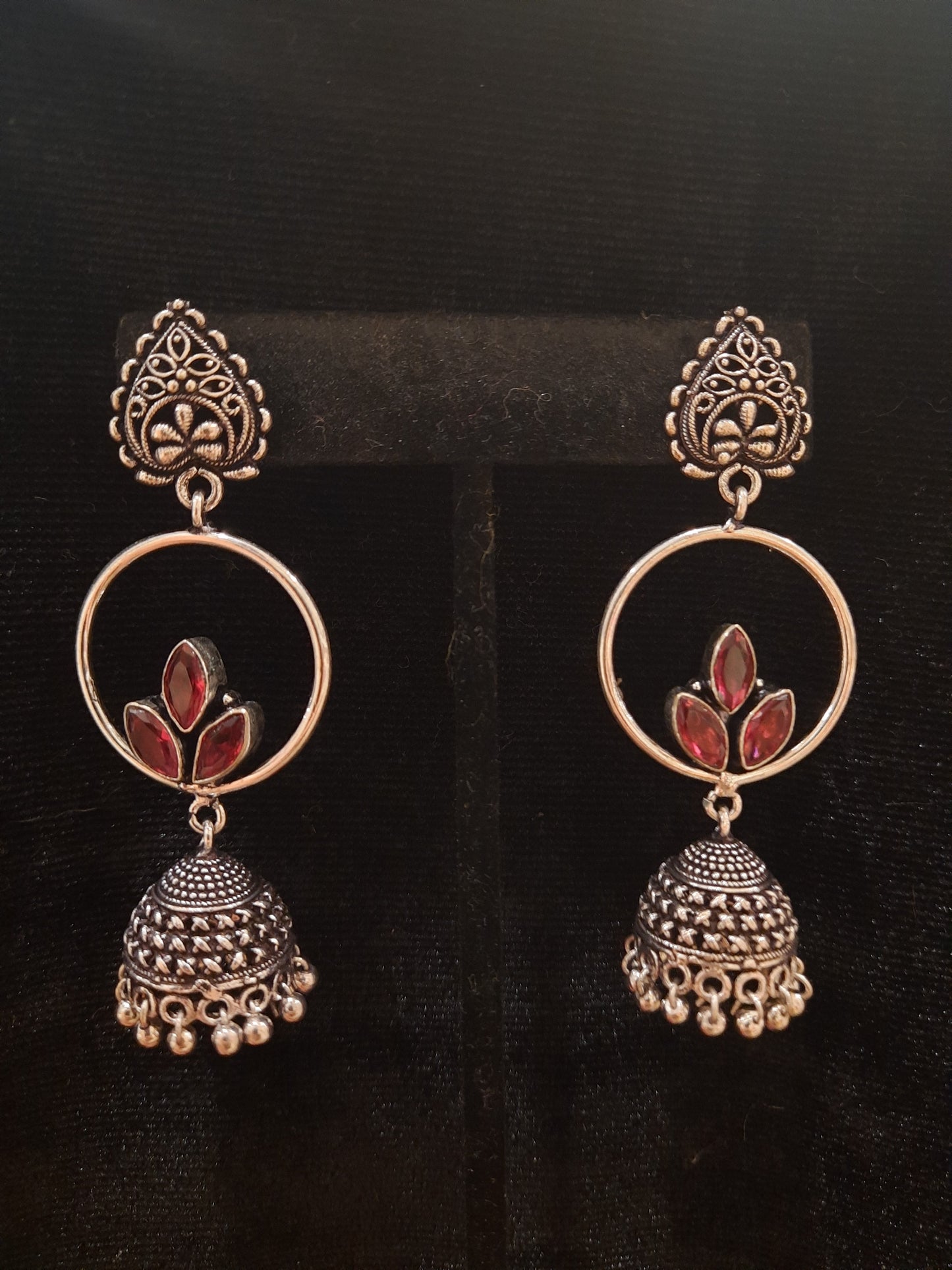 Red Color Floral Design Silver Oxidized Jhumka In USA