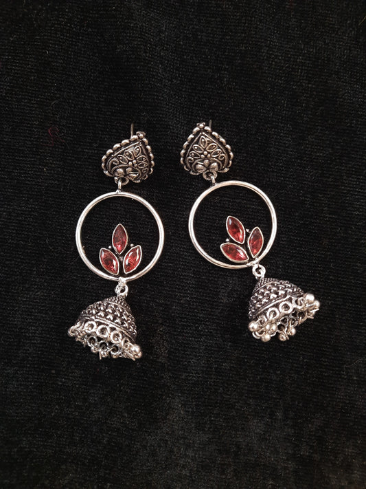 Alluring Red Color Floral Design Silver Oxidized Jhumka For Women