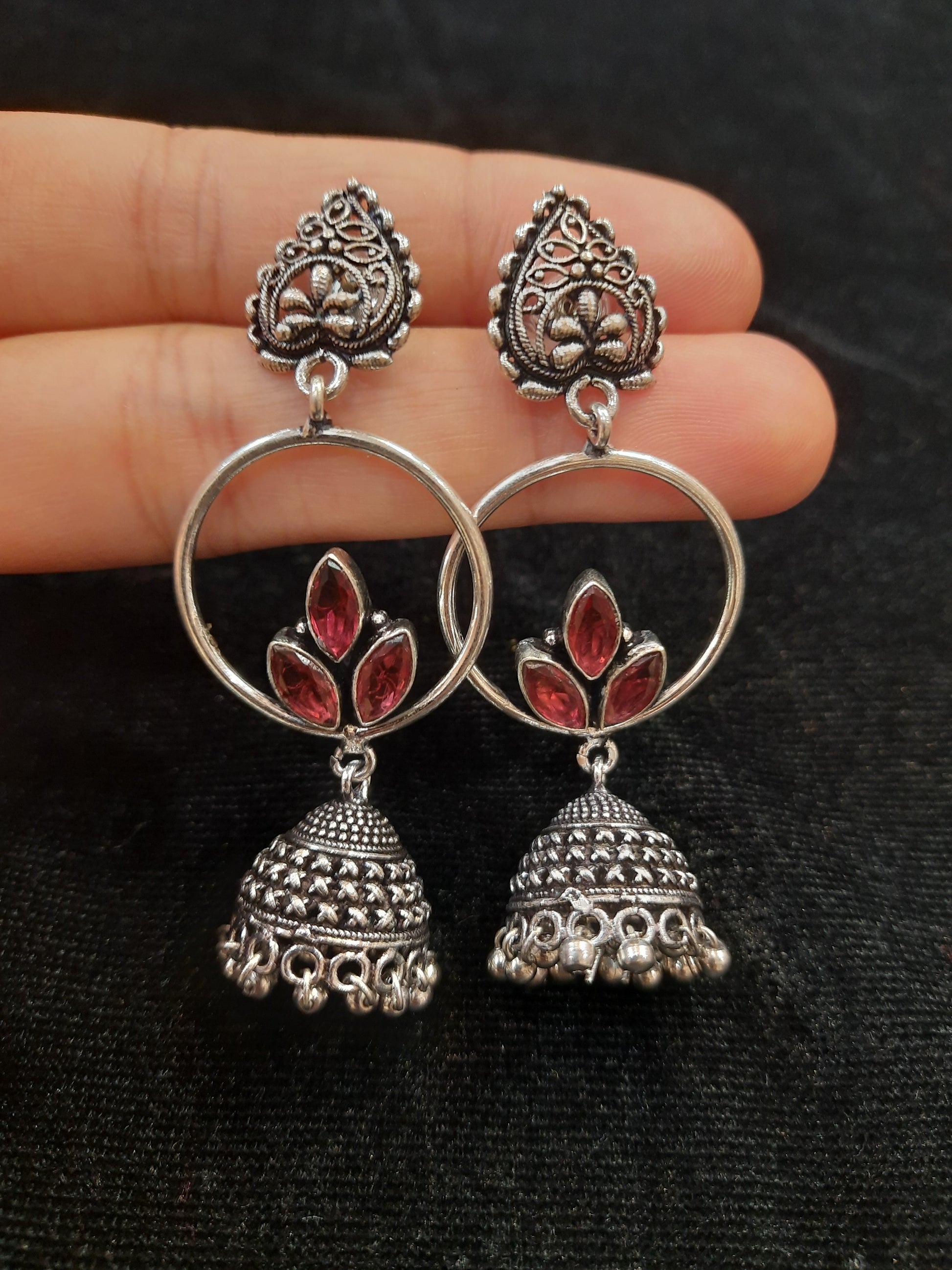 Red Color Floral Design Silver Oxidized Jhumka Near Me