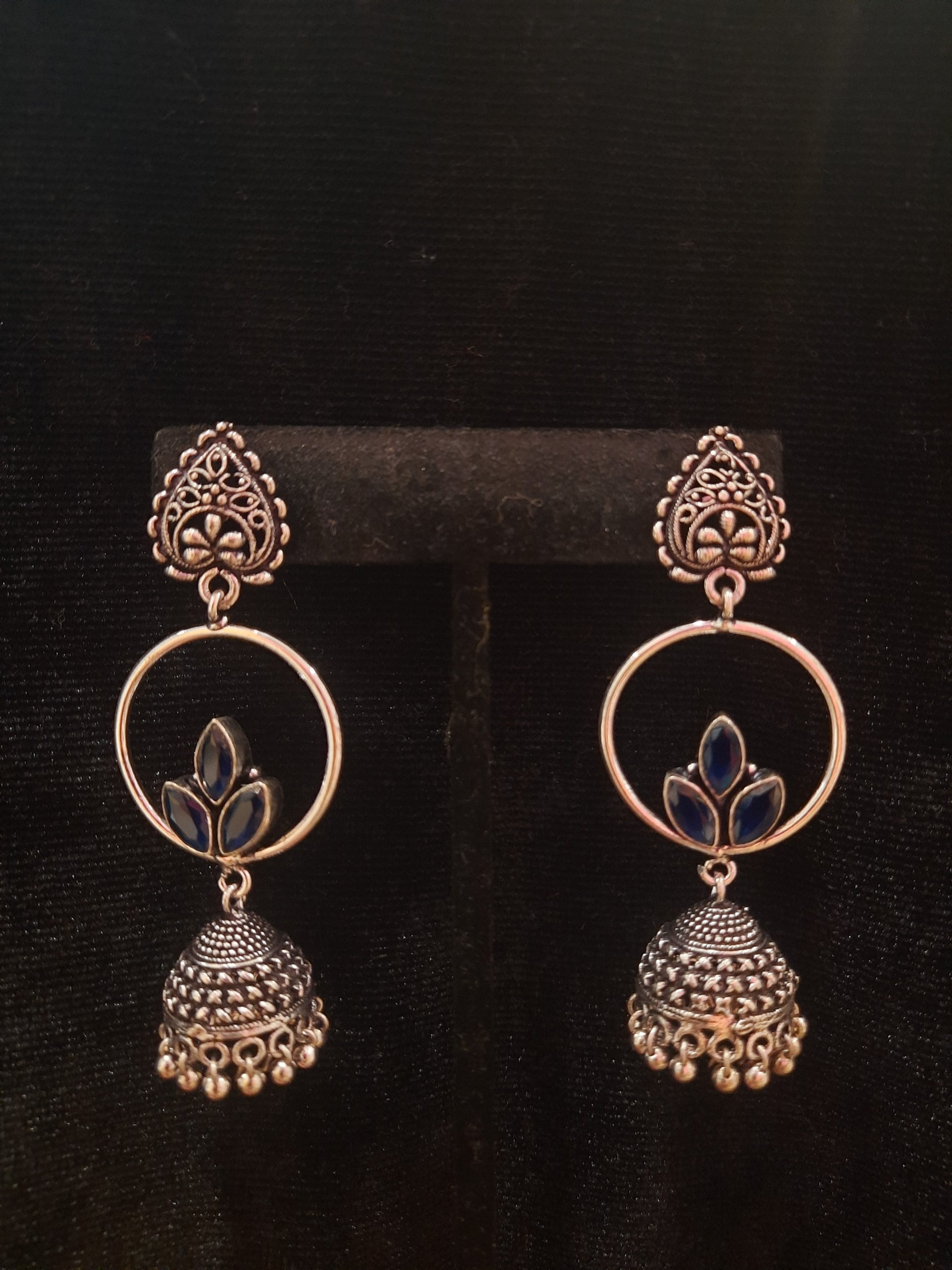 Navy Blue Color Floral Design Silver Oxidized Jhumka Near Me