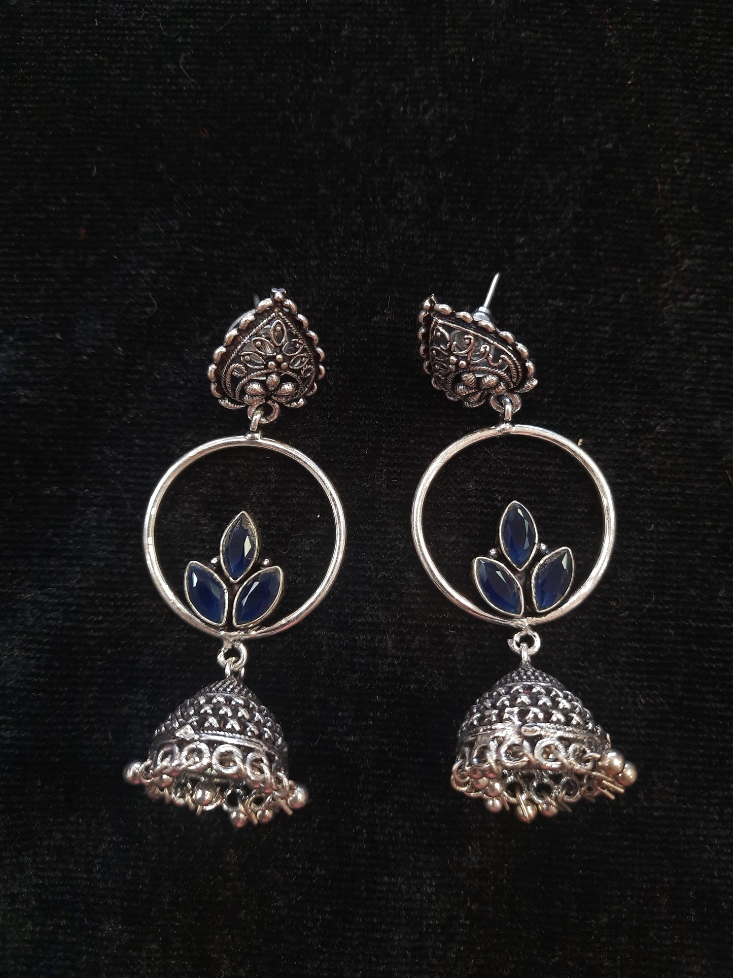 Alluring Navy Blue Color Floral Design Silver Oxidized Jhumka For Women