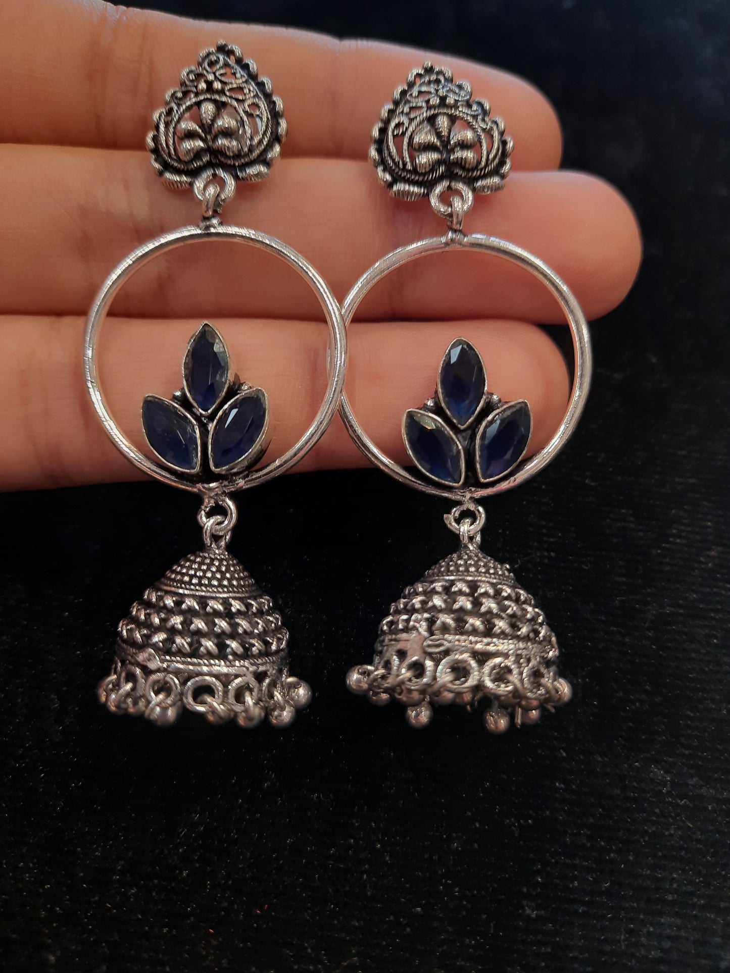 Navy Blue Color Floral Design Silver Oxidized Jhumka In USA