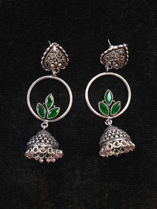 Alluring Green Color Floral Design Silver Oxidized Jhumka For Women