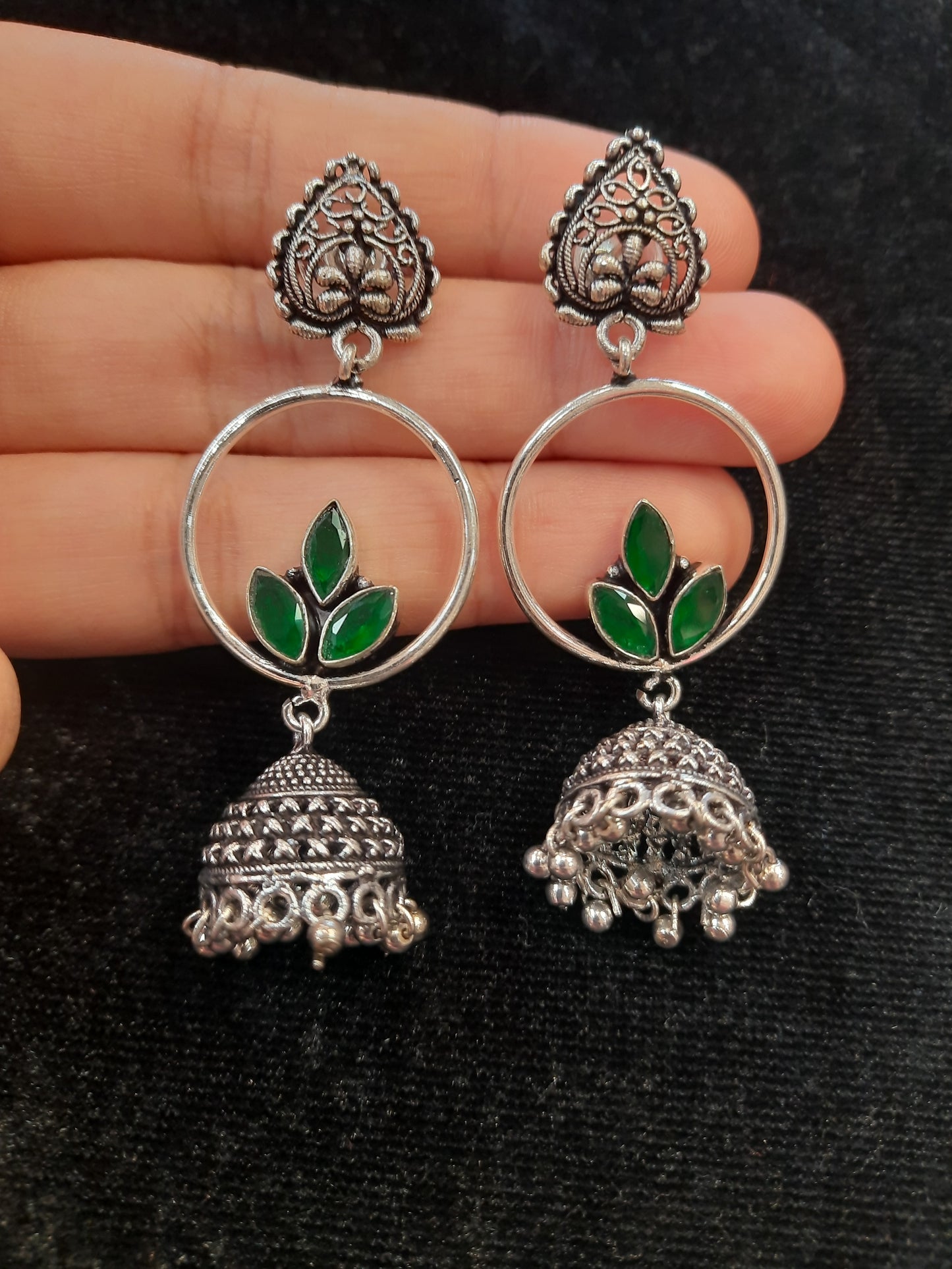 Alluring Green Color Floral Design Silver Oxidized Jhumka Near Me