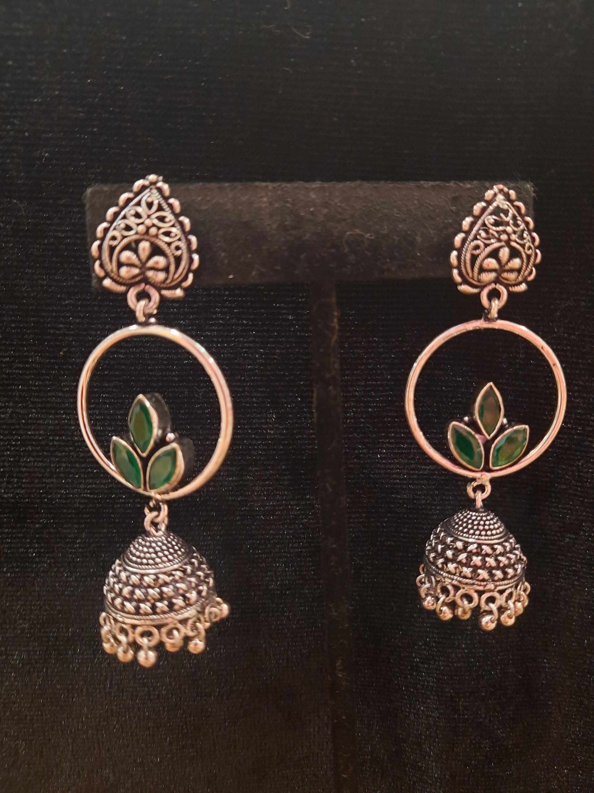Green Color Floral Design Silver Oxidized Jhumka In USA