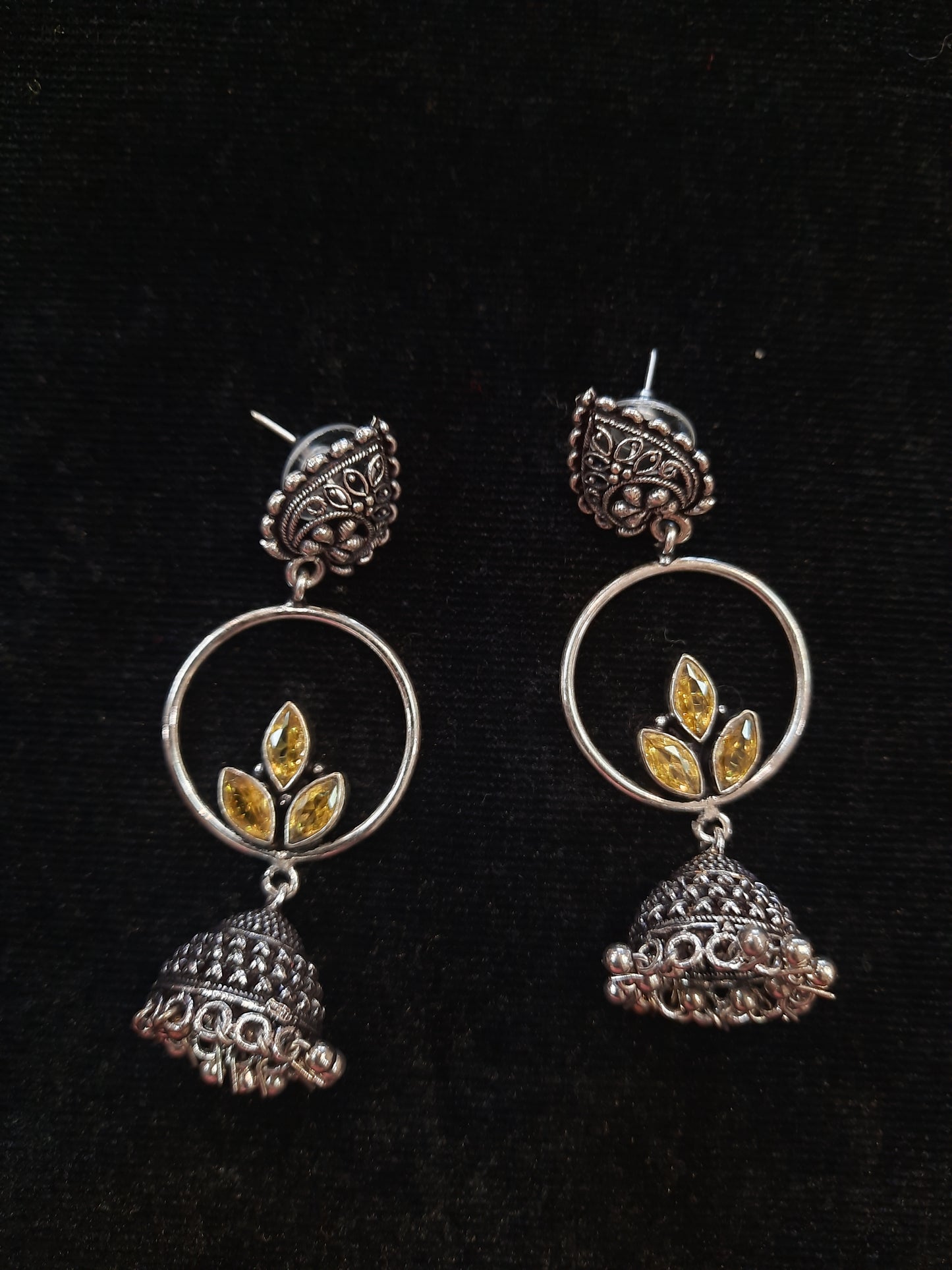 Alluring Mustard Yellow Color Floral Design Silver Oxidized Jhumka For Women