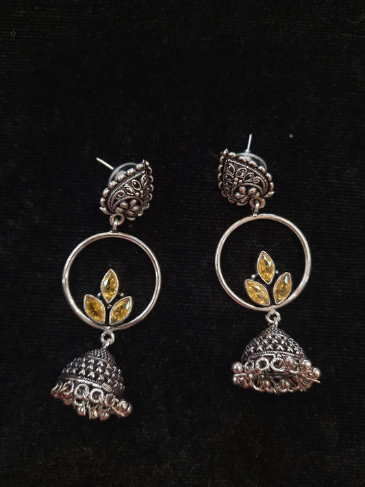 Alluring Mustard Yellow Color Floral Design Silver Oxidized Jhumka For Women