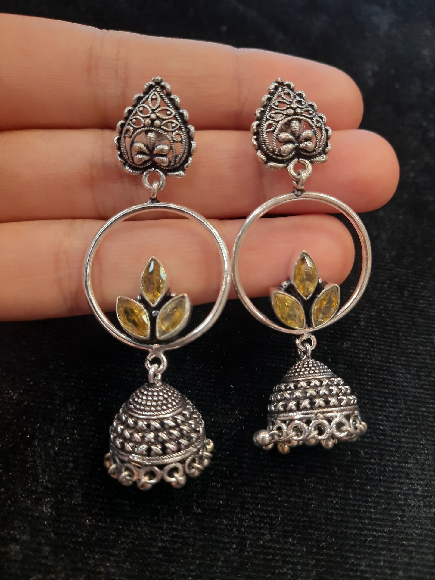Mustard Yellow Color Floral Design Silver Oxidized Jhumka Near Me