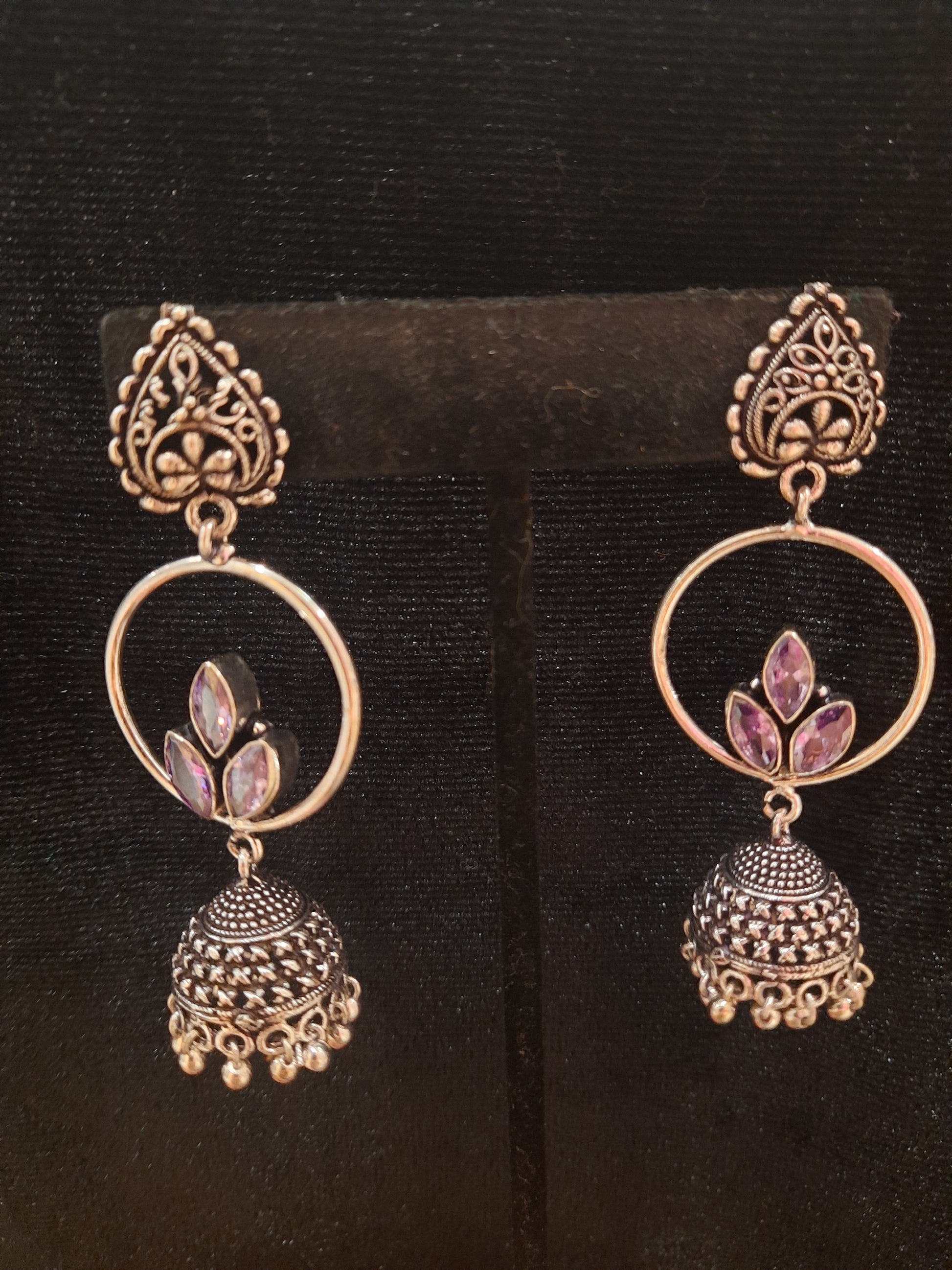 Lavender Color Floral Design Silver Oxidized Jhumka In USA