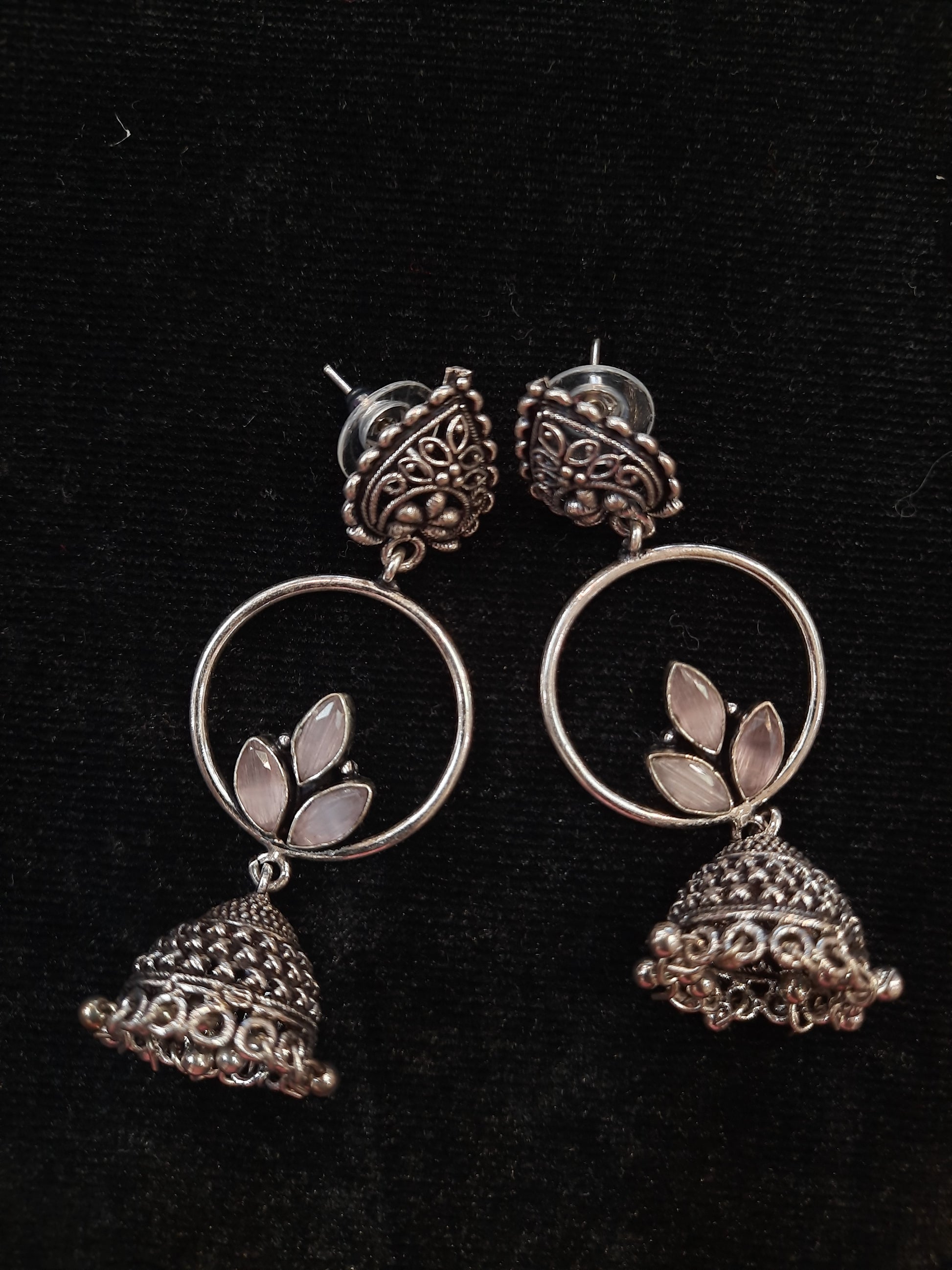 Alluring Pale Pink Color Design Silver Oxidized Jhumka Near Me