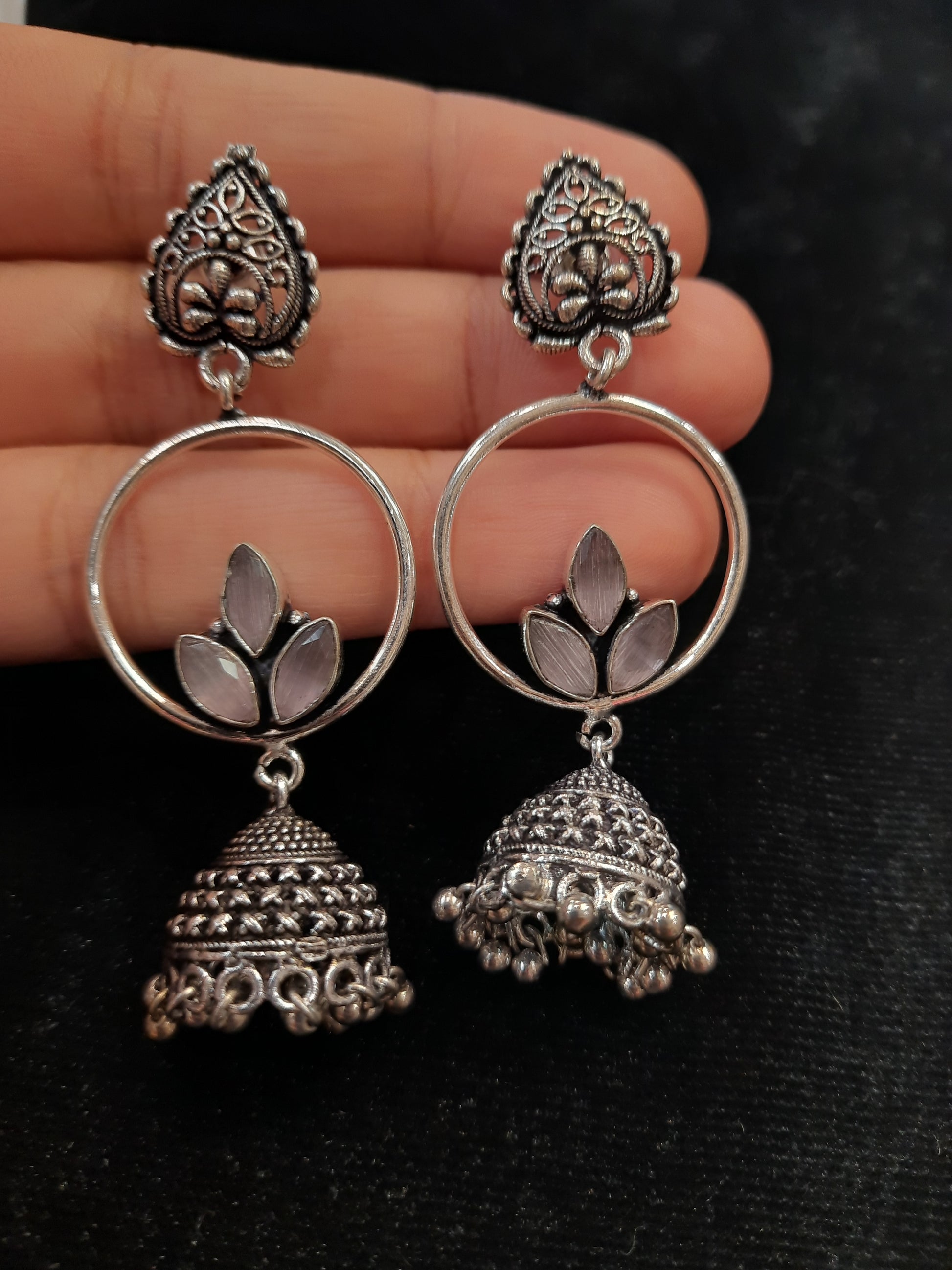 Pink Color Design Silver Oxidized Jhumka In USA