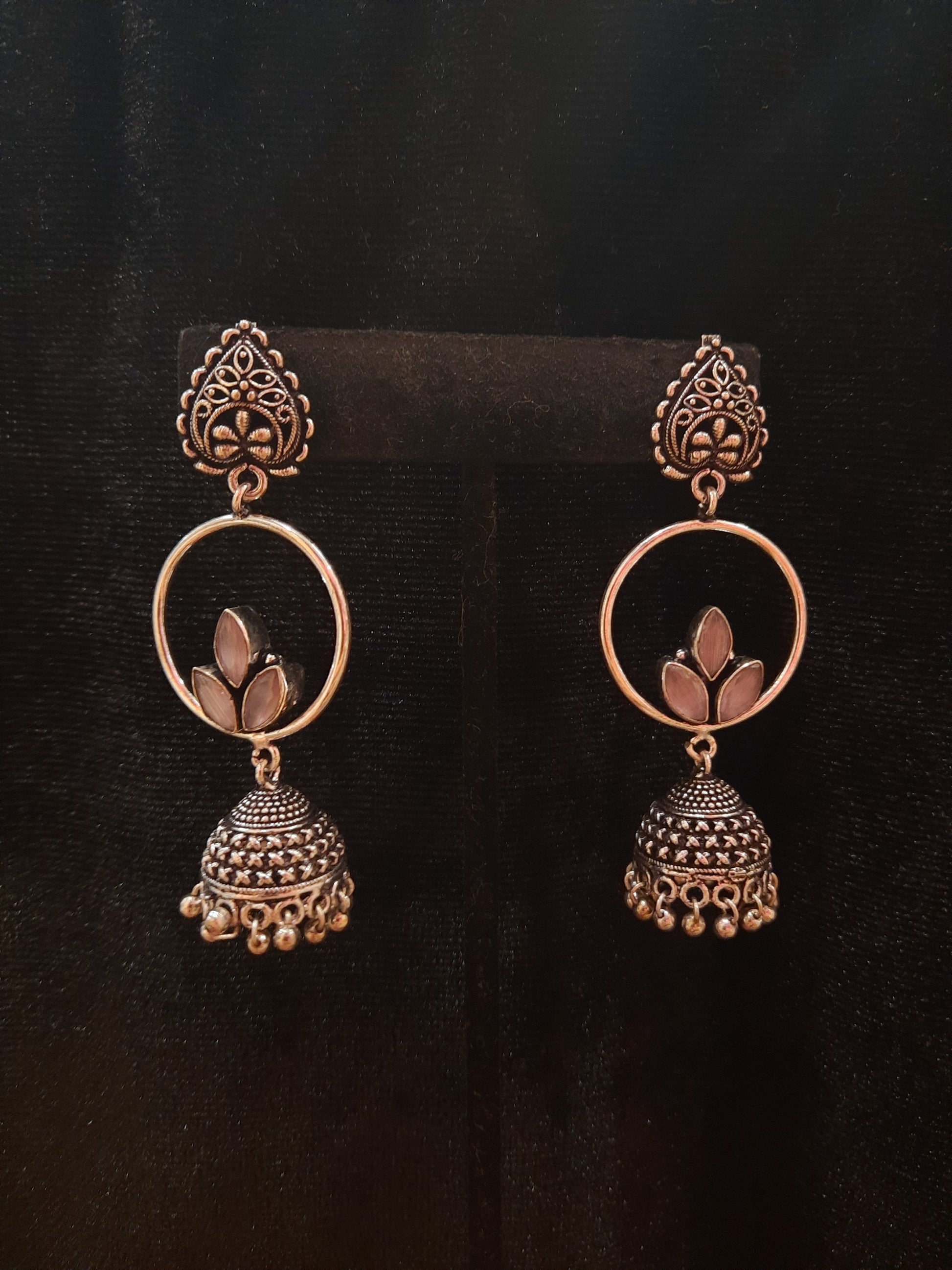 Alluring Pale Pink Color Design Silver Oxidized Jhumka For Women