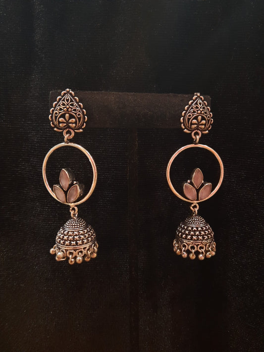 Alluring Pale Pink Color Design Silver Oxidized Jhumka For Women