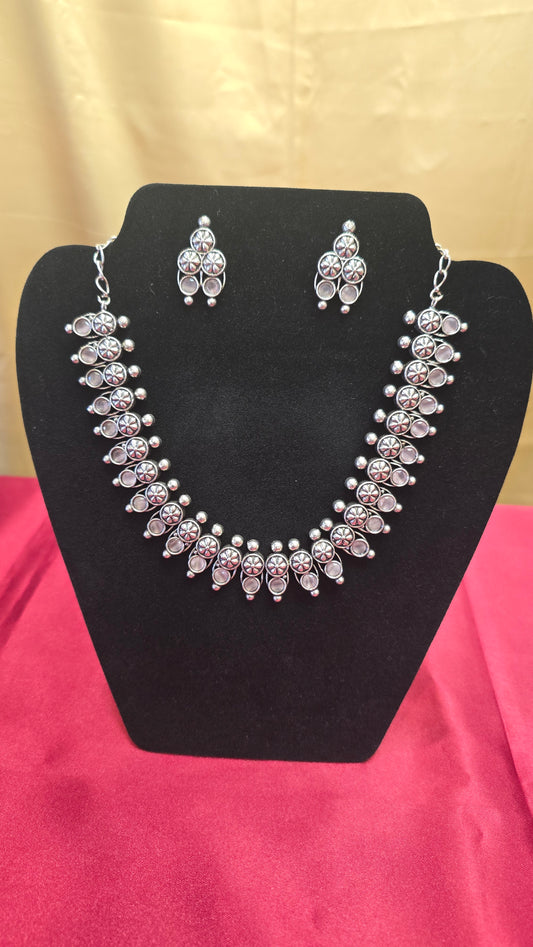 Alluring Gray Color Oxidized Necklace With Earrings