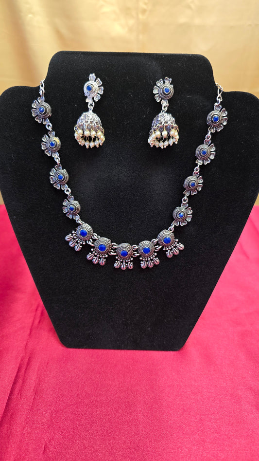 Beautiful  Navy Blue Color Oxidized Necklace Set