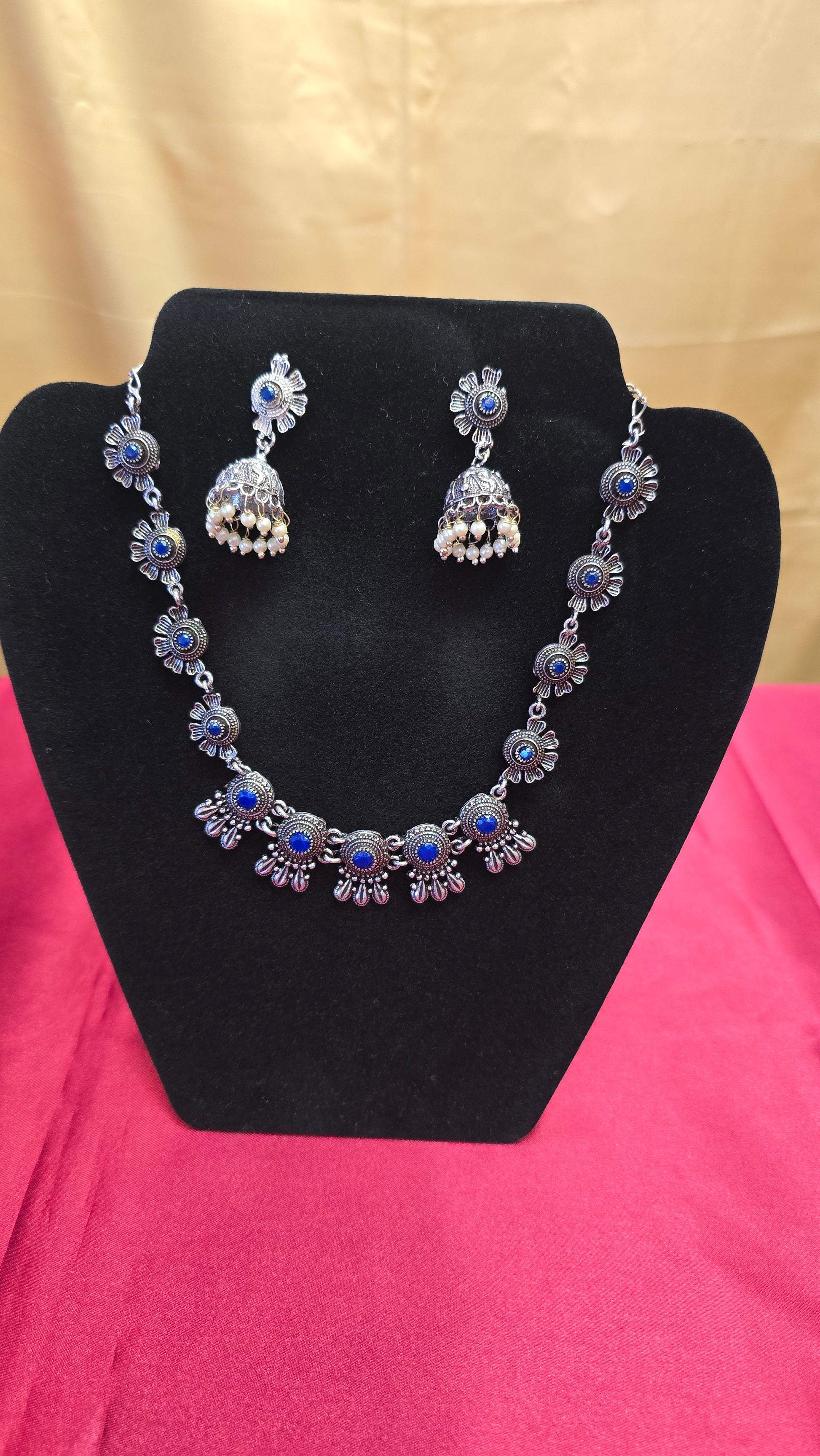 Beautiful  Navy Blue Color Oxidized Necklace Set Near Me