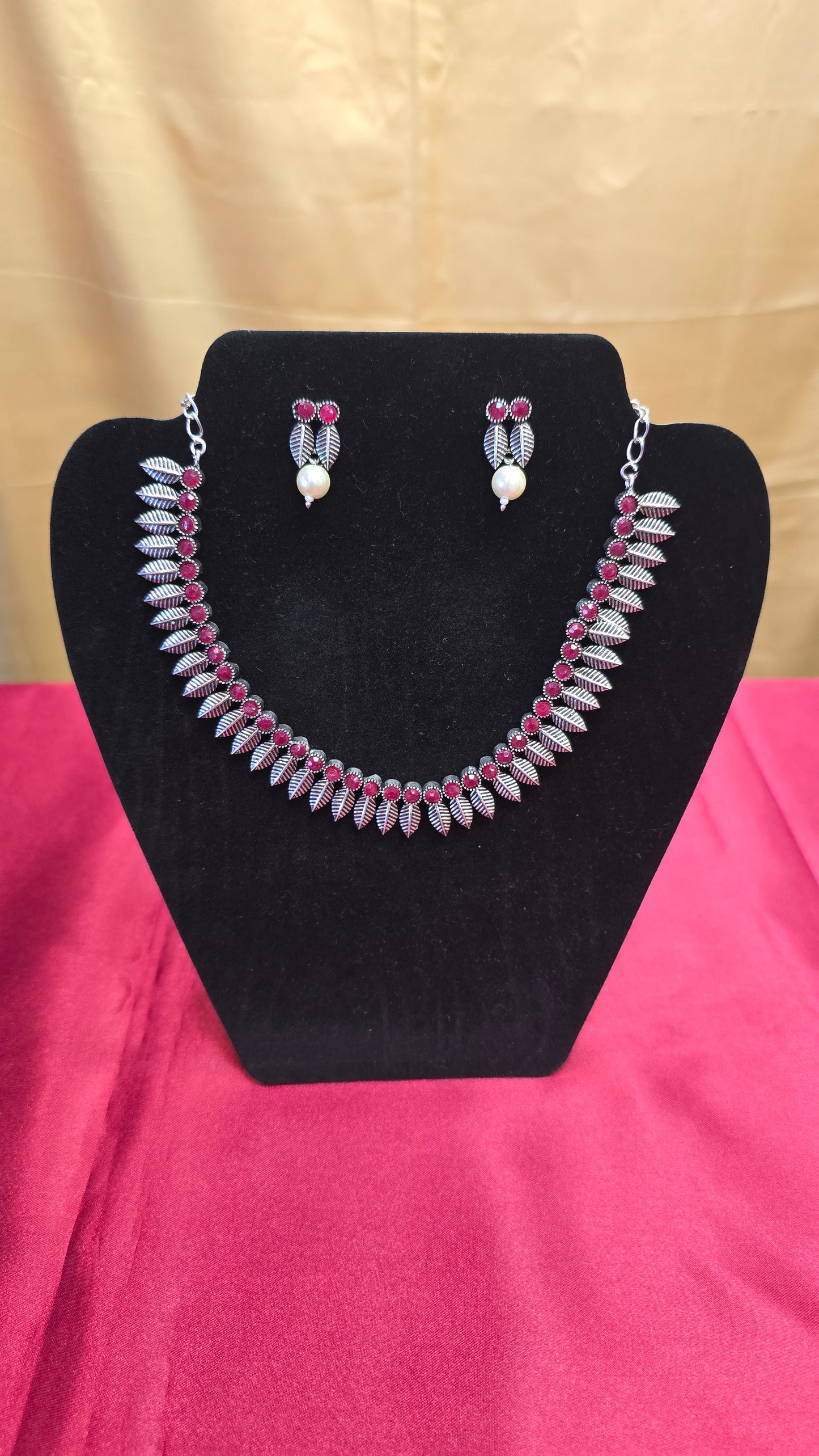 Beautiful Dark Pink Colored Oxidized Leaf Style Neck Jewelry Set