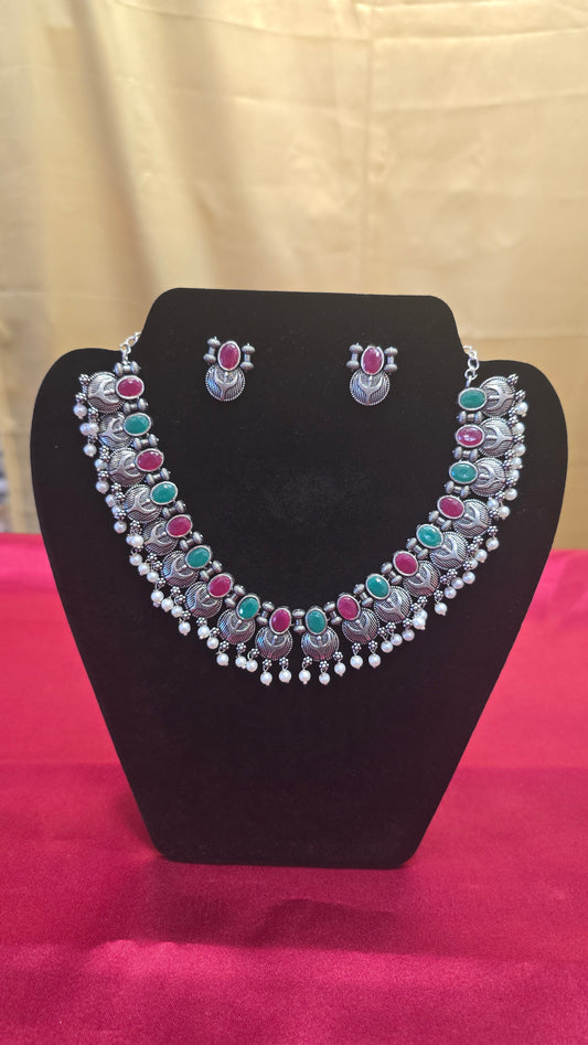 Elegant Oxidized Multicolor Necklace Sets And Earrings For Women