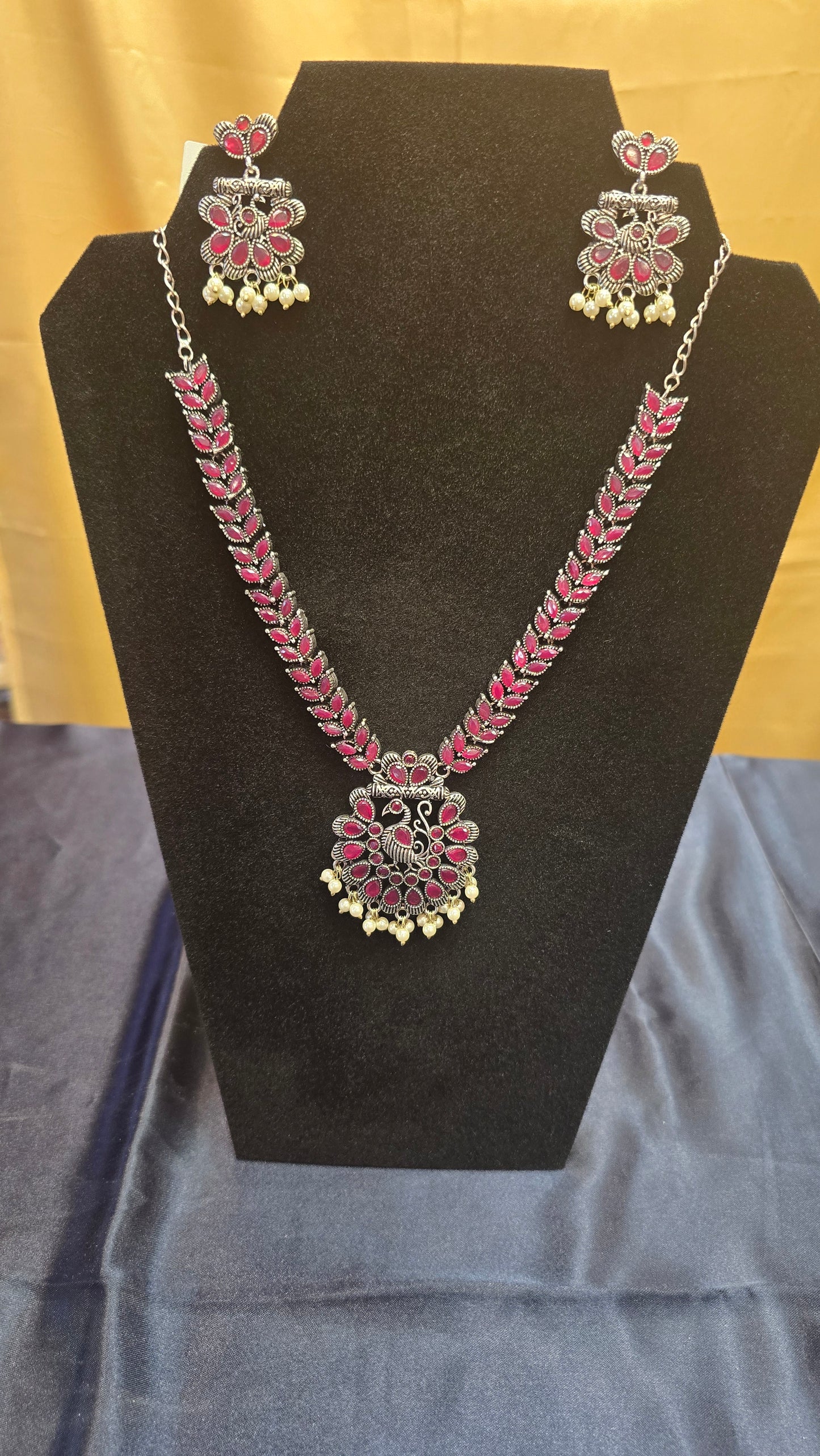 Fabulous Pink Color Oxidized Necklace Set With Beads For Women