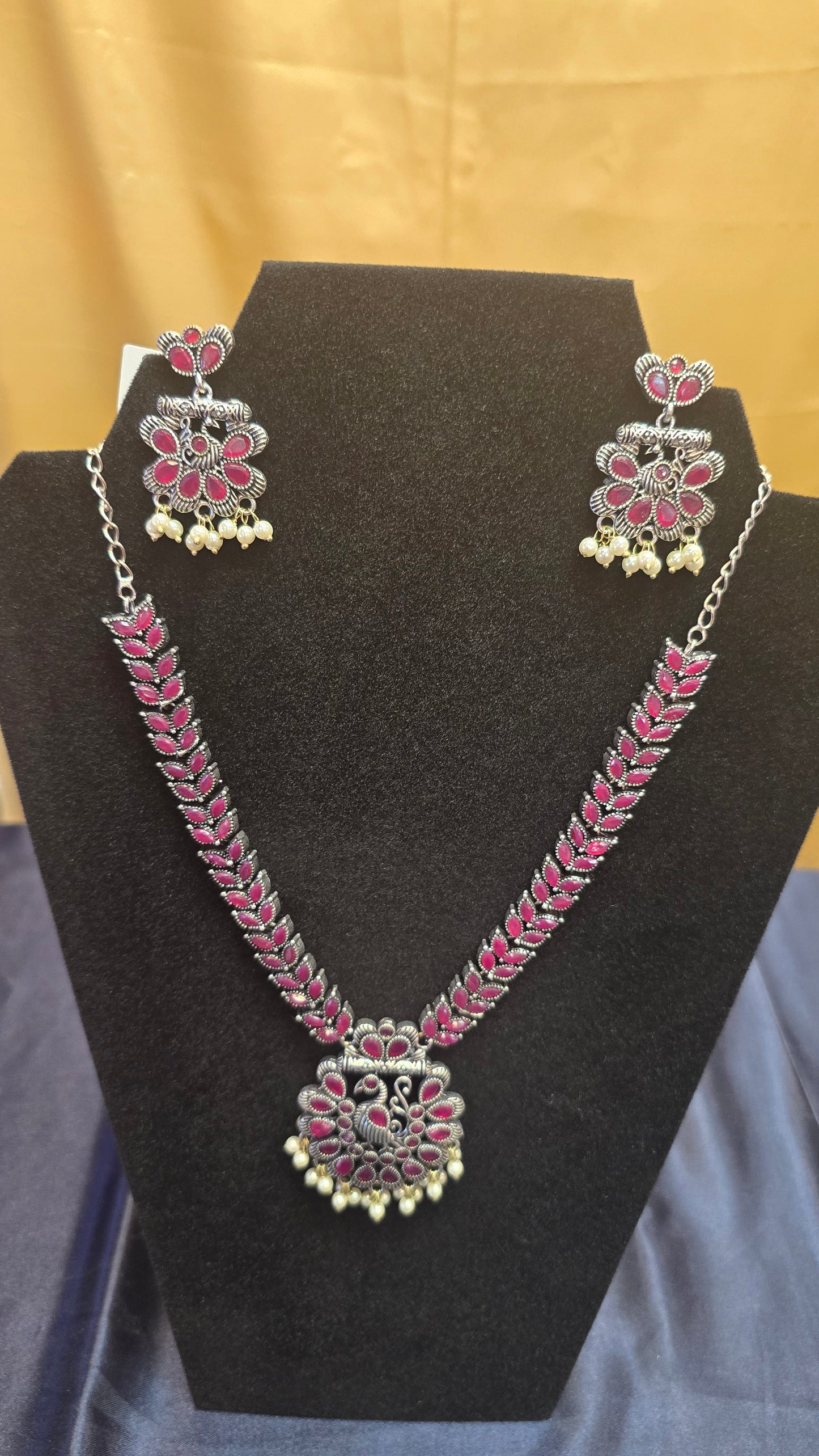 Fabulous Pink Color Oxidized Necklace Set With Beads For Women