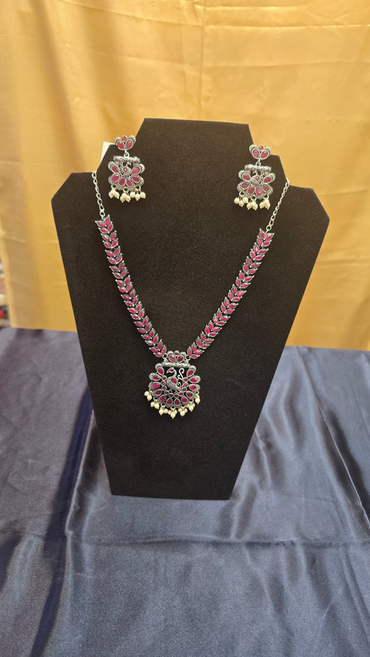 Fabulous Pink Color Oxidized Necklace Set With Beads For Women